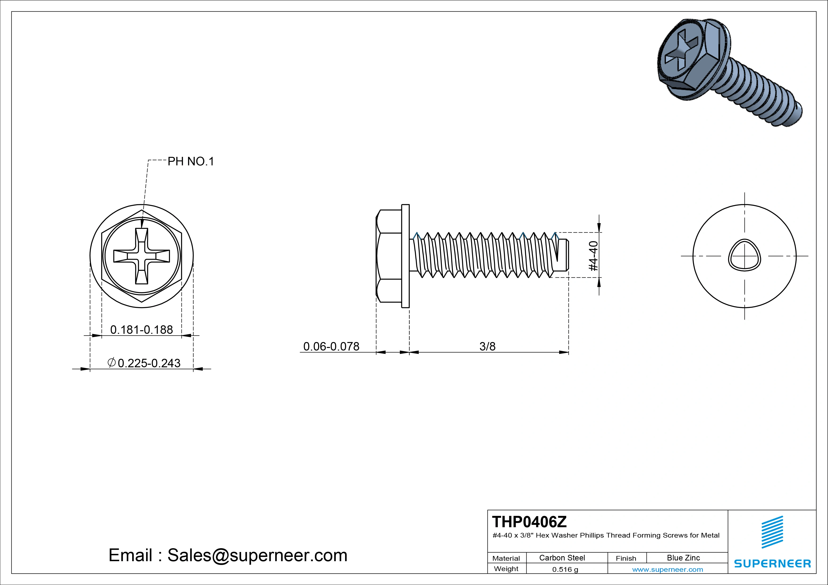 4-40 × 3/8 Hex Washer Phillips Thread Forming  Screws for Metal  Steel Blue Zinc Plated