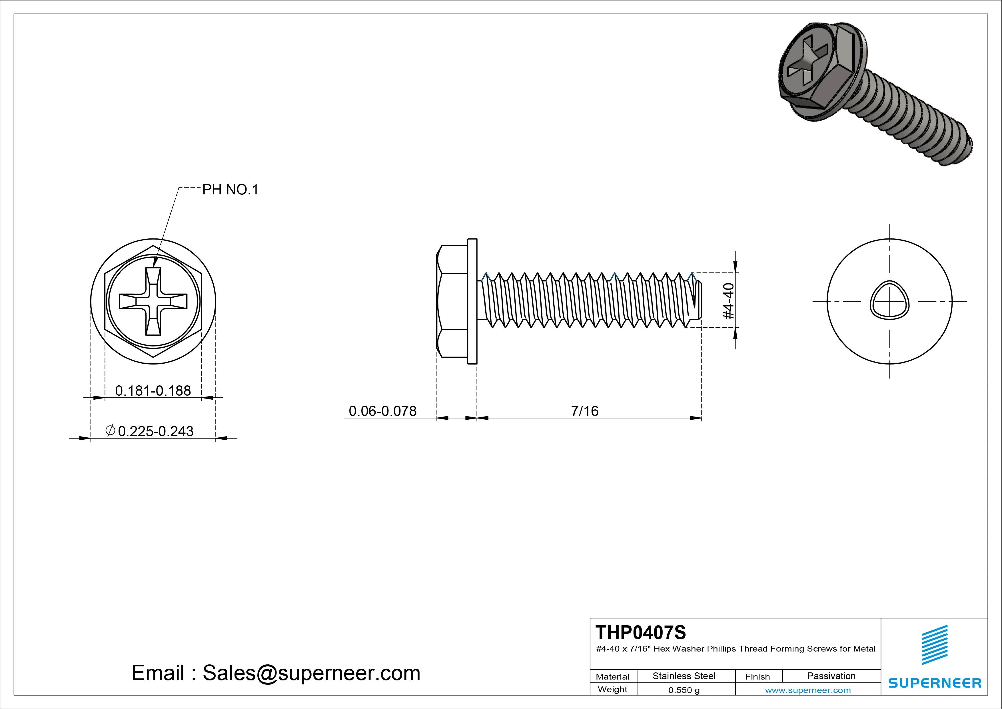 4-40 × 7/16 Hex Washer Phillips Thread Forming  Screws for Metal  SUS304 Stainless Steel Inox