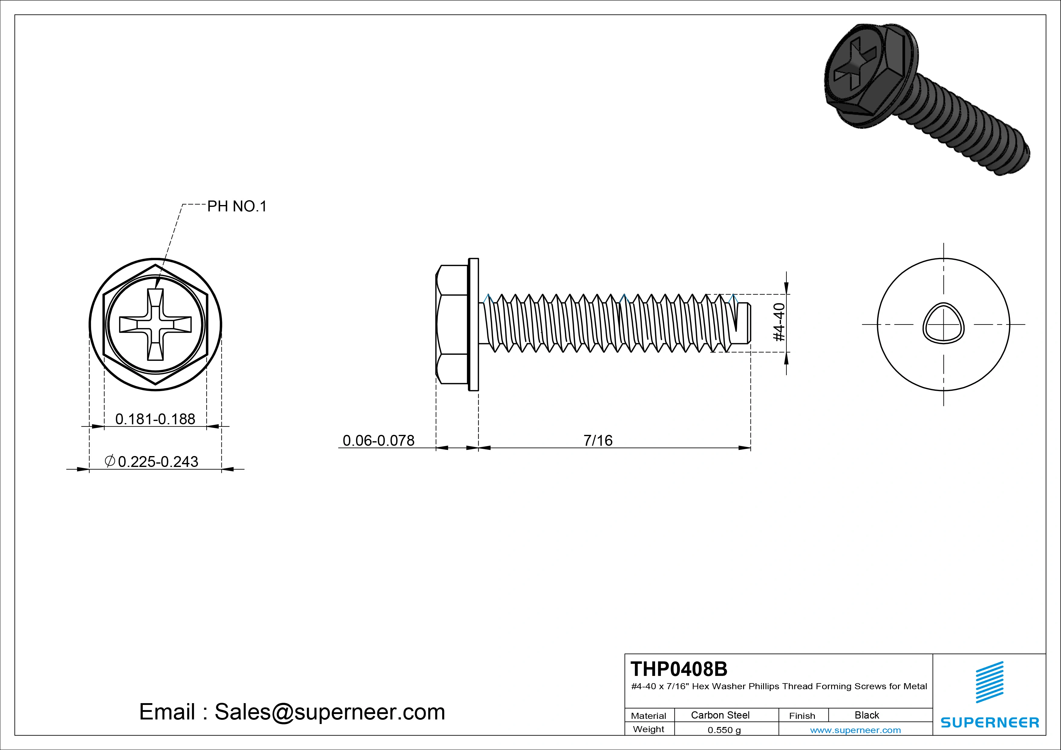 4-40 × 1/2 Hex Washer Phillips Thread Forming  Screws for Metal  Steel Black