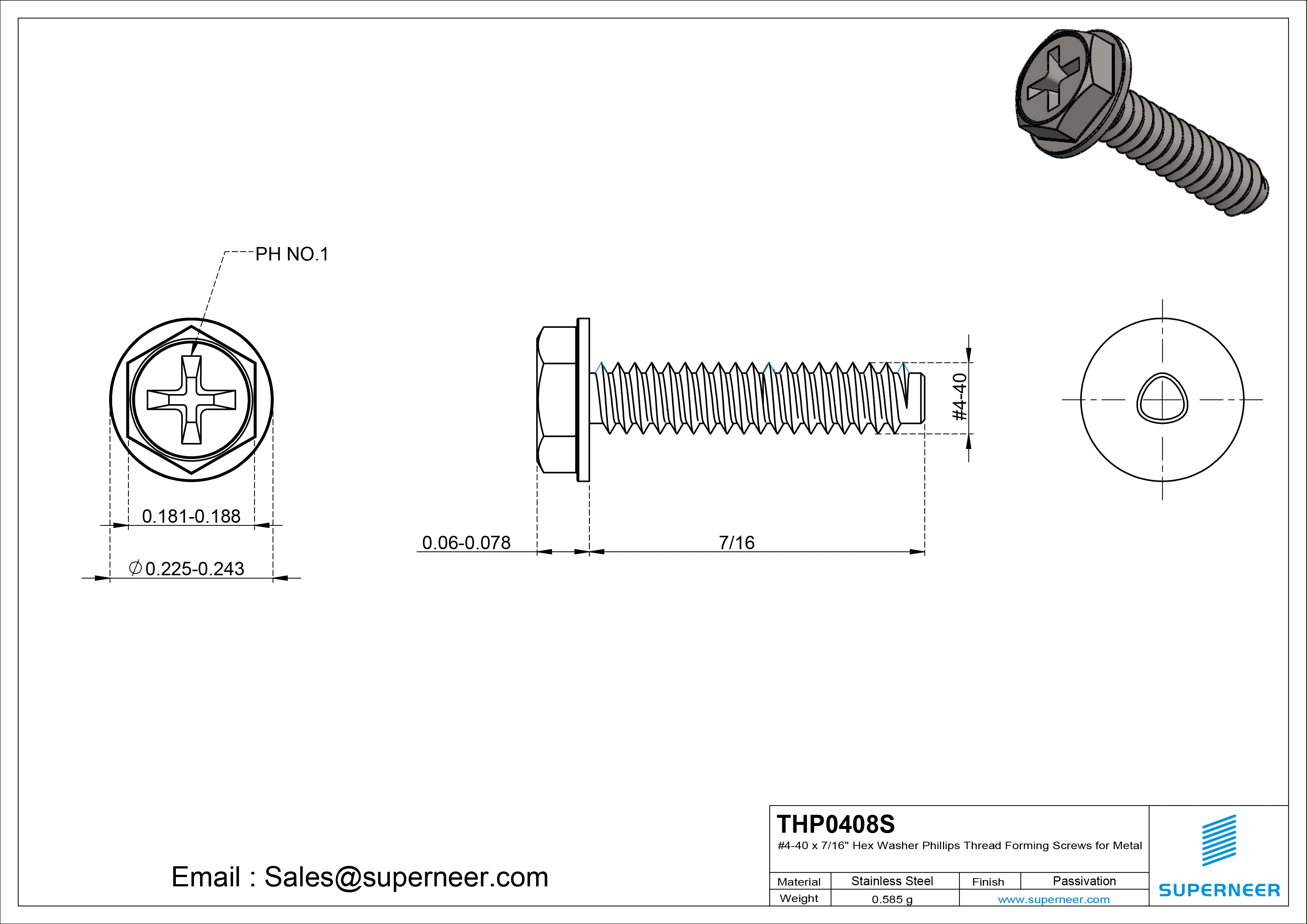 4-40 × 1/2 Hex Washer Phillips Thread Forming  Screws for Metal  SUS304 Stainless Steel Inox