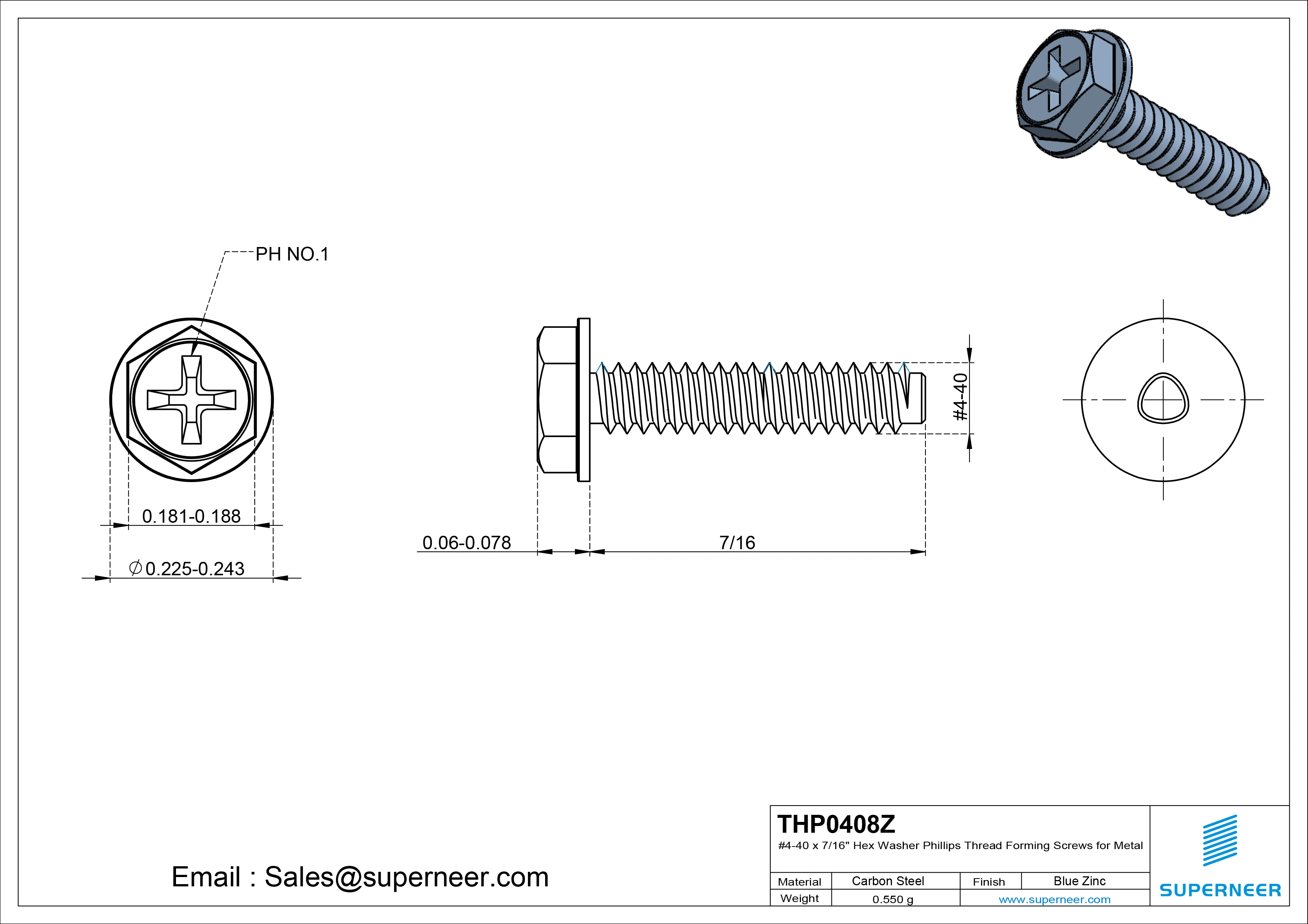 4-40 × 1/2 Hex Washer Phillips Thread Forming  Screws for Metal  Steel Blue Zinc Plated