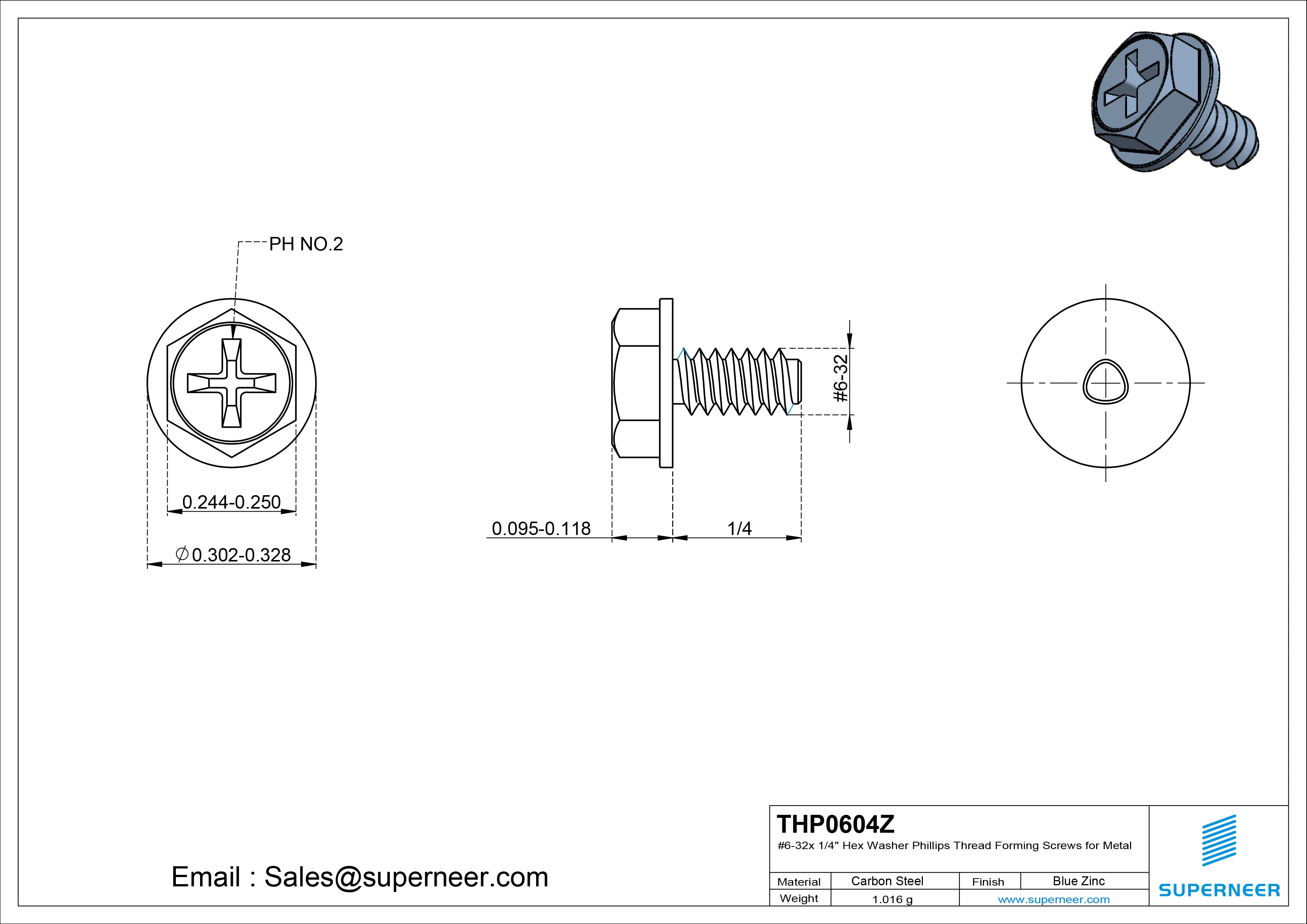 6-32 × 1/4 Hex Washer Phillips Thread Forming  Screws for Metal  Steel Blue Zinc Plated