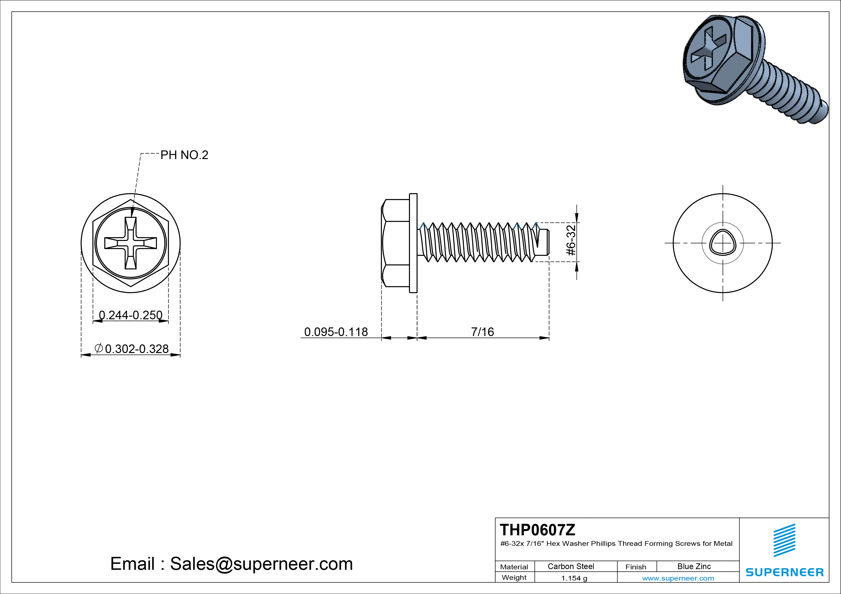 6-32 × 7/16 Hex Washer Phillips Thread Forming  Screws for Metal  Steel Blue Zinc Plated