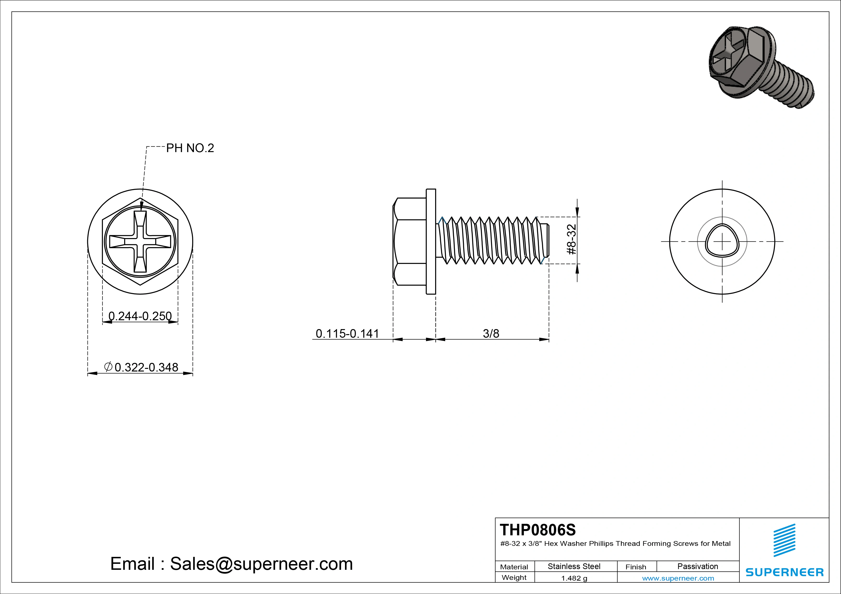 8-32 × 3/8 Hex Washer Phillips Thread Forming  Screws for Metal  SUS304 Stainless Steel Inox