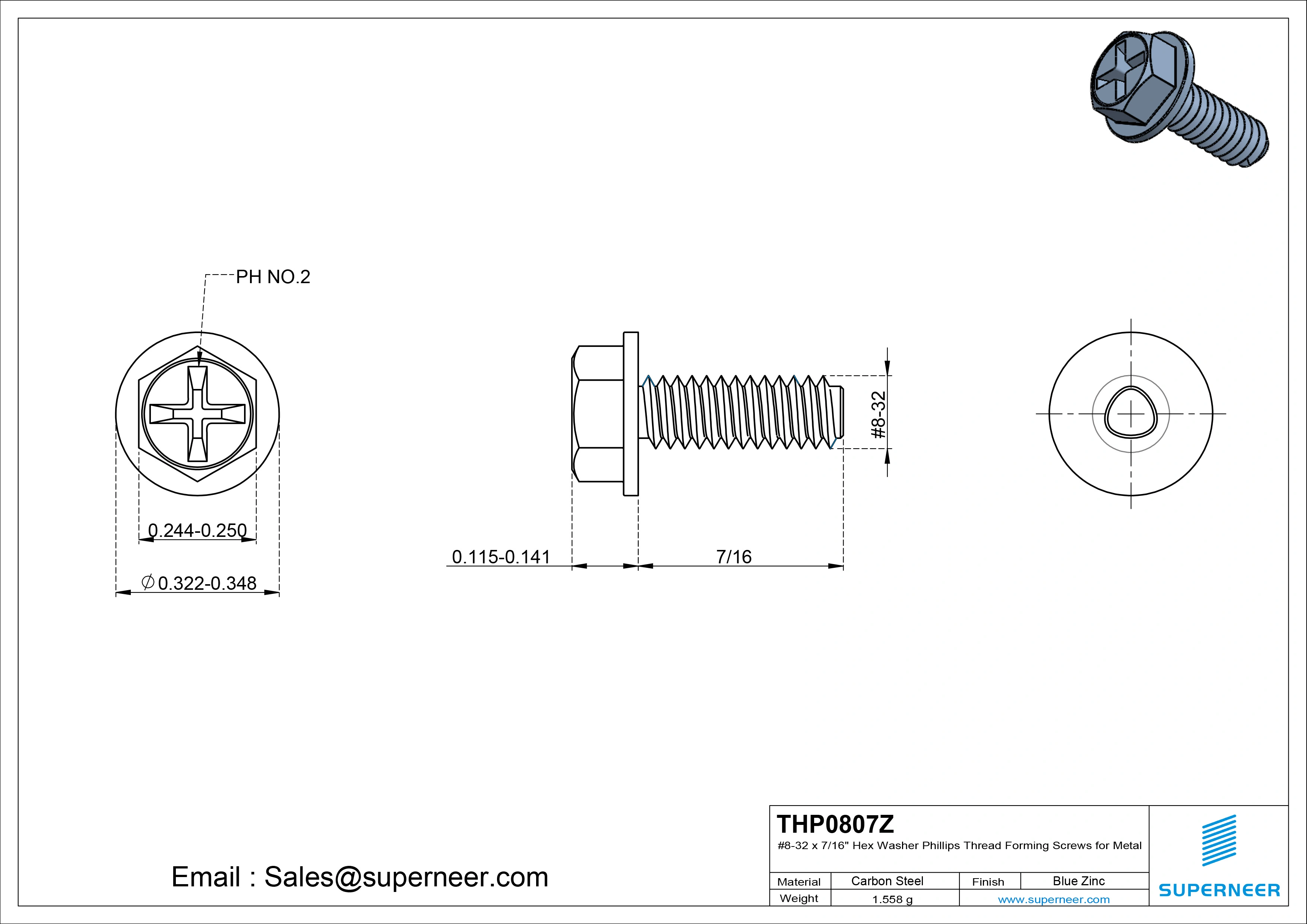 8-32 × 7/16 Hex Washer Phillips Thread Forming  Screws for Metal  Steel Blue Zinc Plated