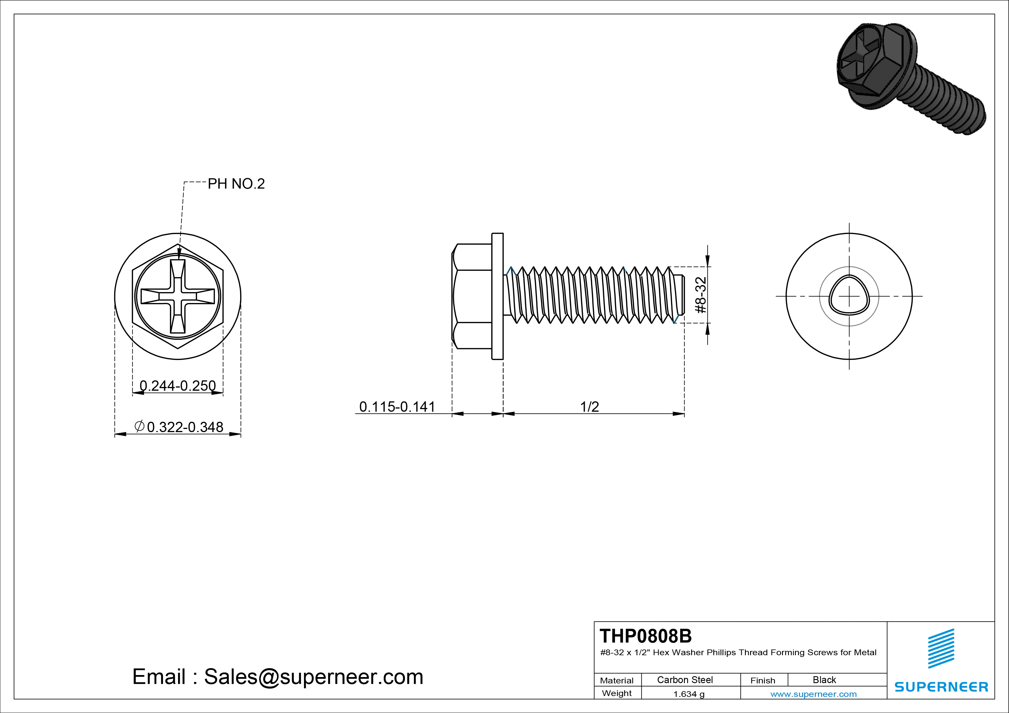 8-32 × 1/2 Hex Washer Phillips Thread Forming  Screws for Metal  Steel Black