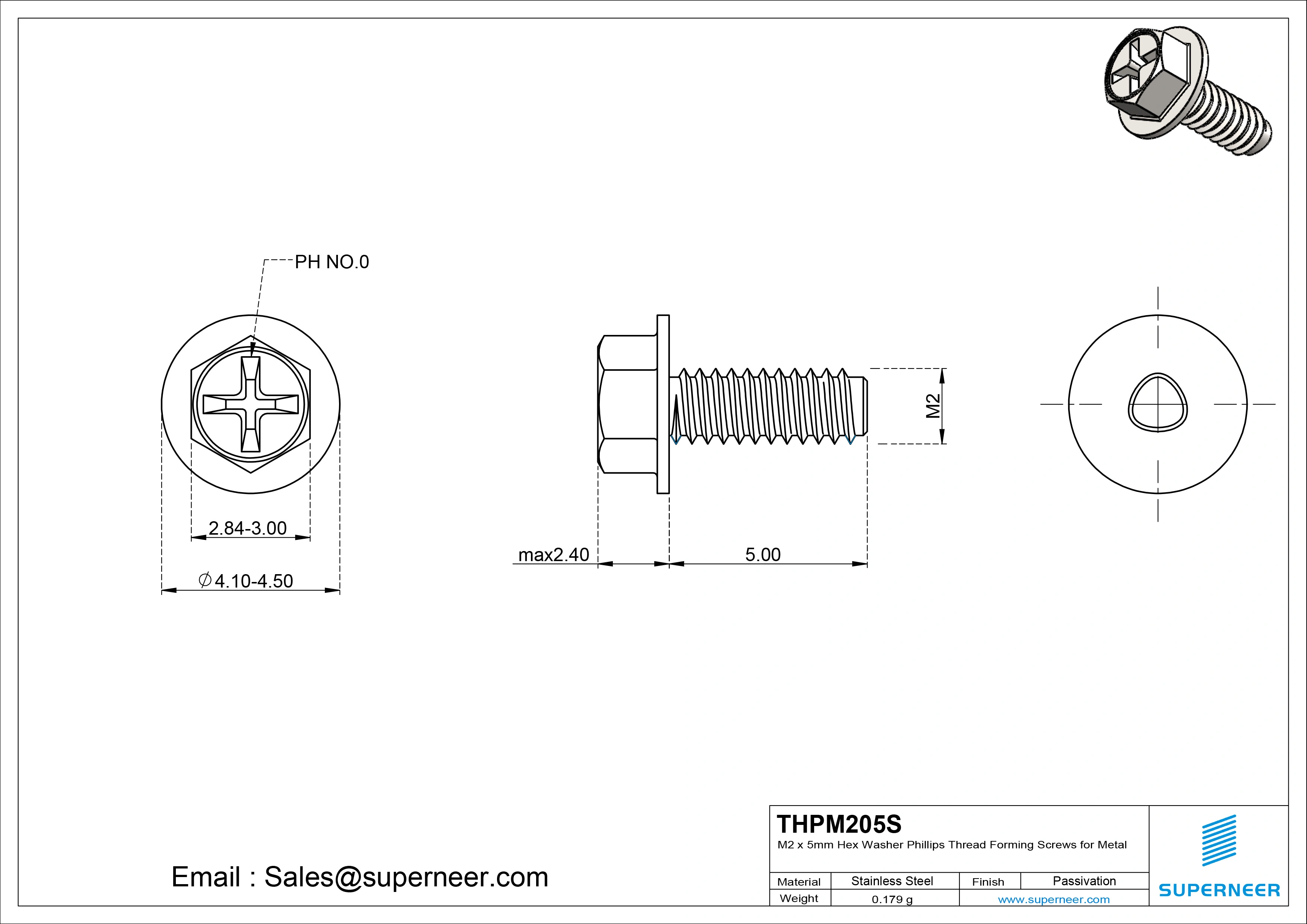 M2 × 5mm Indented Hex Washer Phillips Thread Forming Screws for Metal SUS304 Stainless Steel Inox