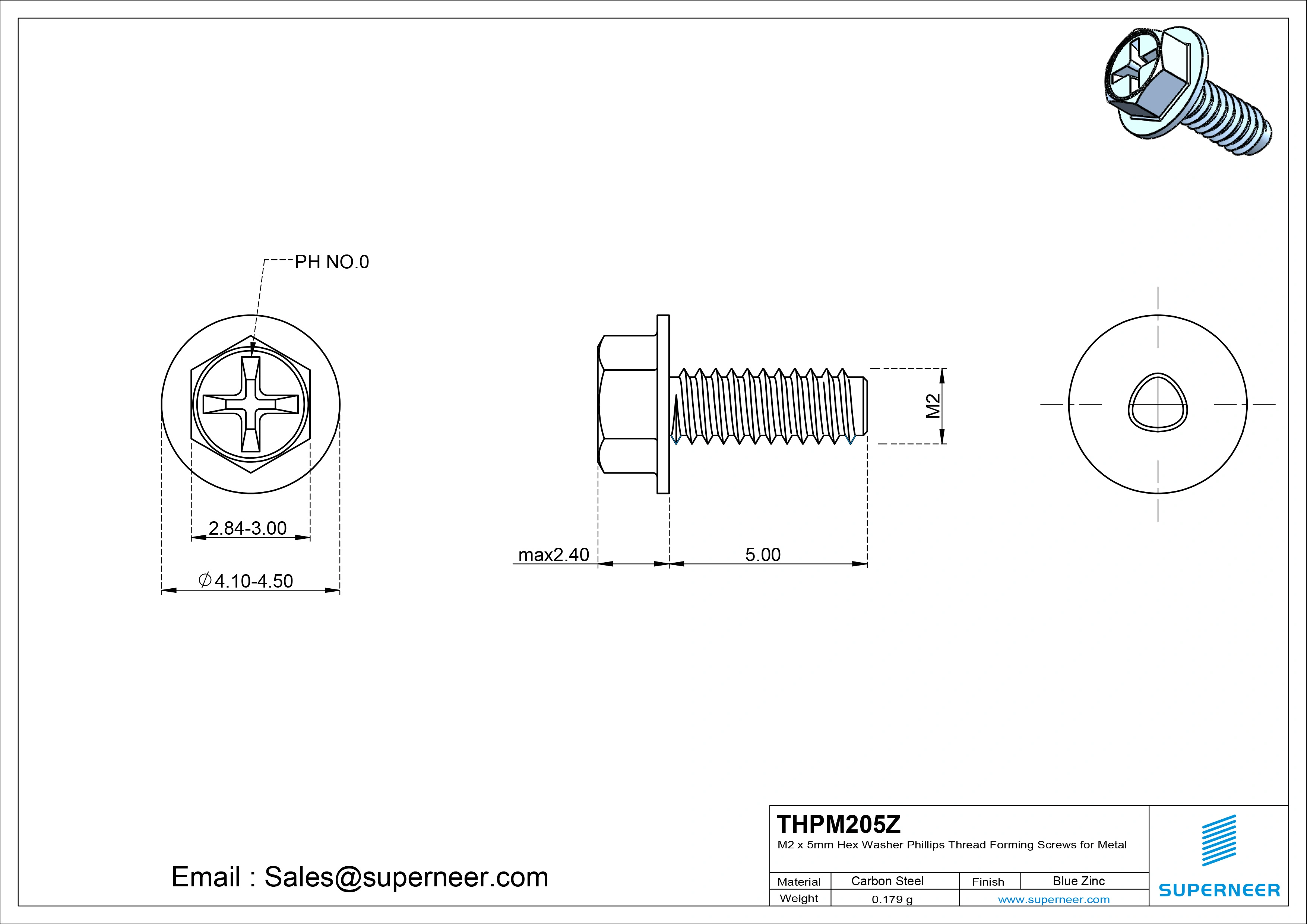 M2 × 5mm Indented Hex Washer Phillips Thread Forming Screws for Metal Steel Blue Zinc Plated