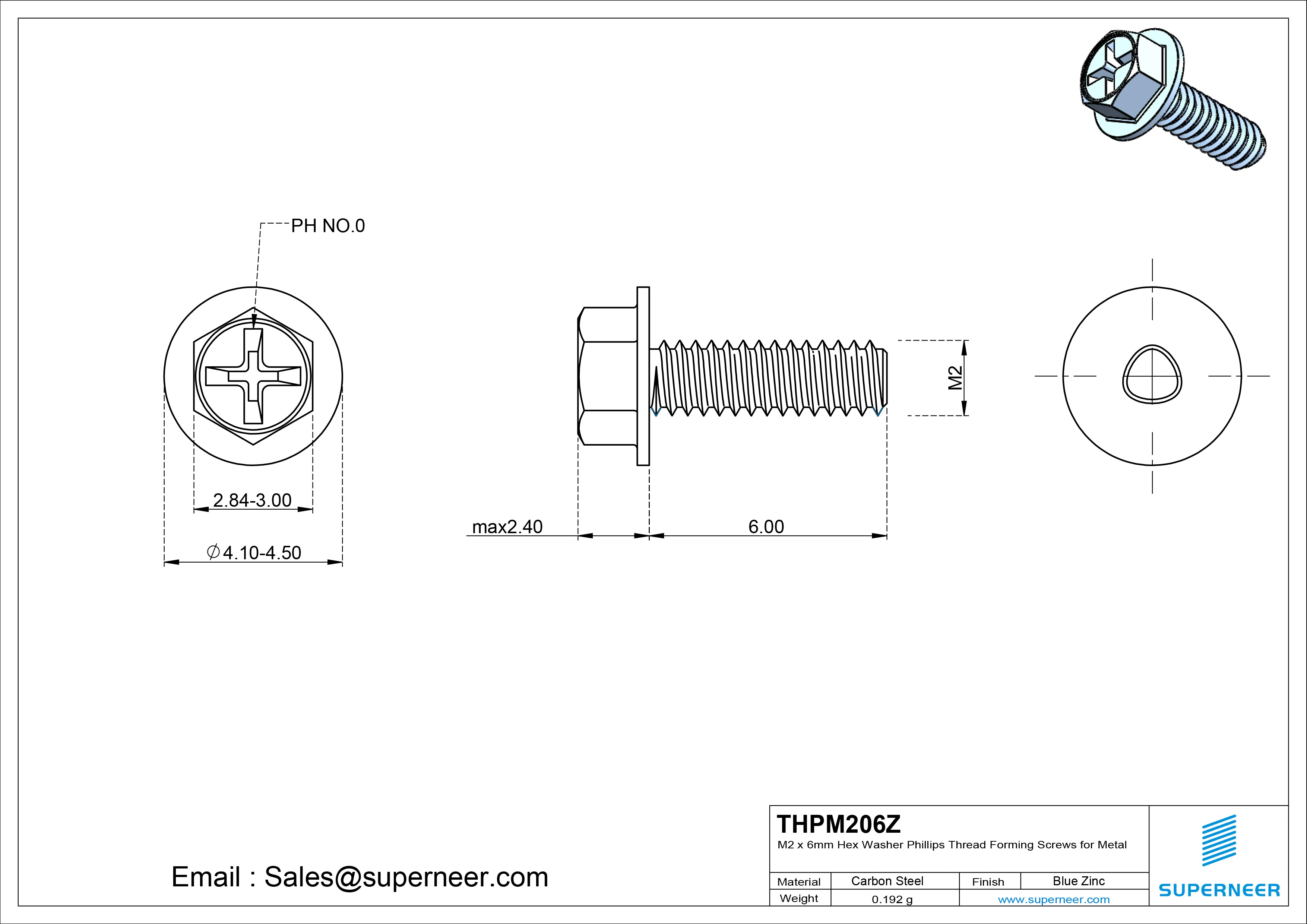 M2 × 6mm Indented Hex Washer Phillips Thread Forming Screws for Metal Steel Blue Zinc Plated