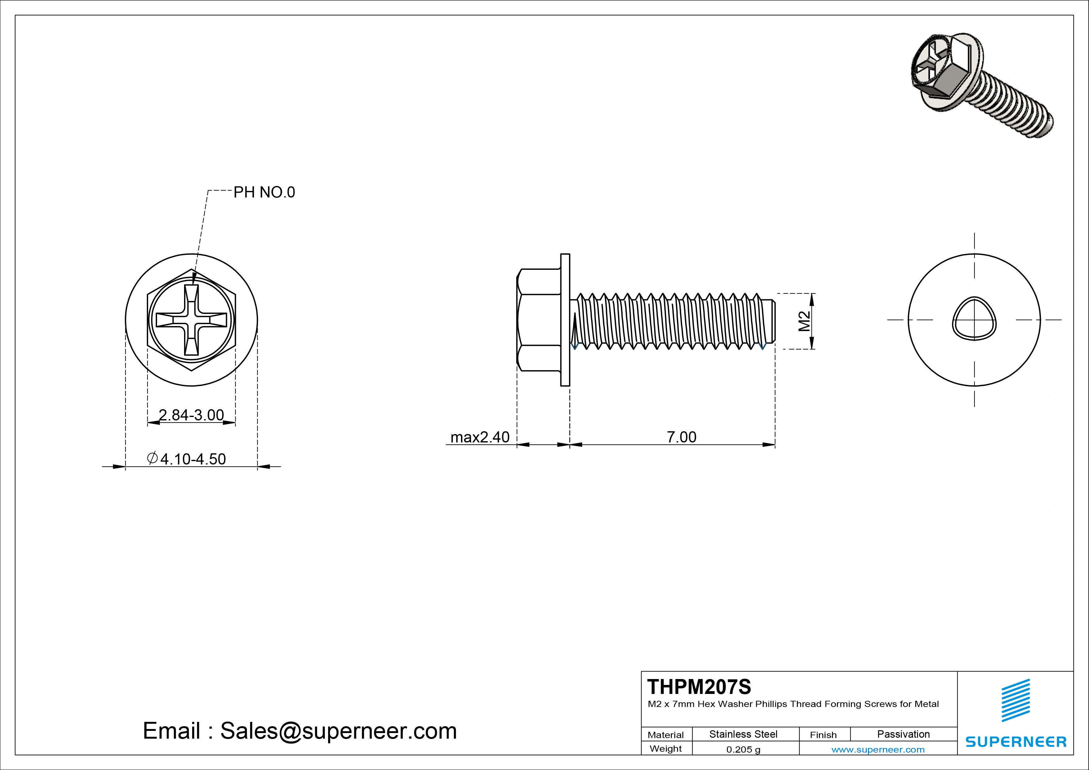 M2 × 7mm Indented Hex Washer Phillips Thread Forming Screws for Metal SUS304 Stainless Steel Inox