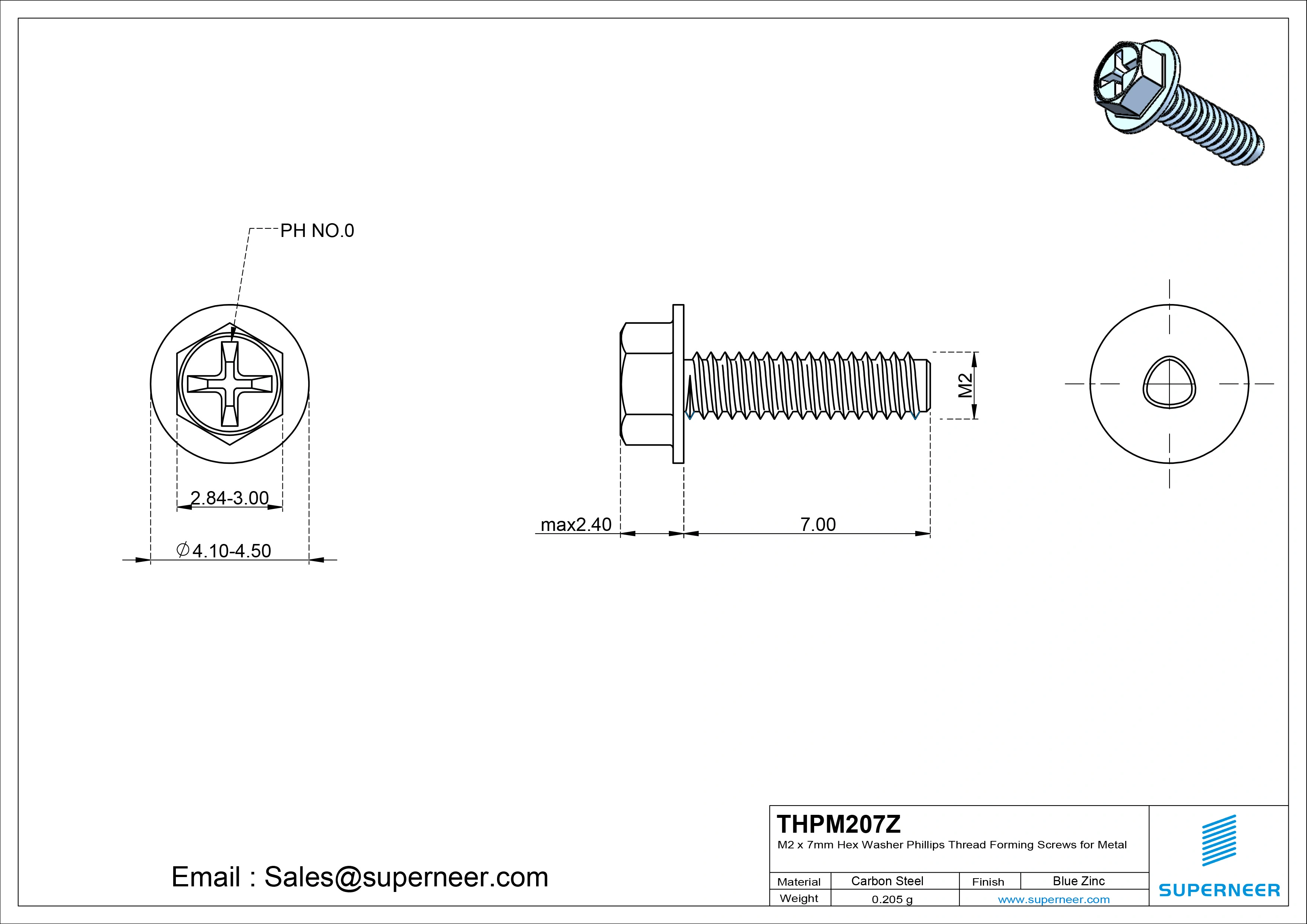 M2 × 7mm Indented Hex Washer Phillips Thread Forming Screws for Metal Steel Blue Zinc Plated