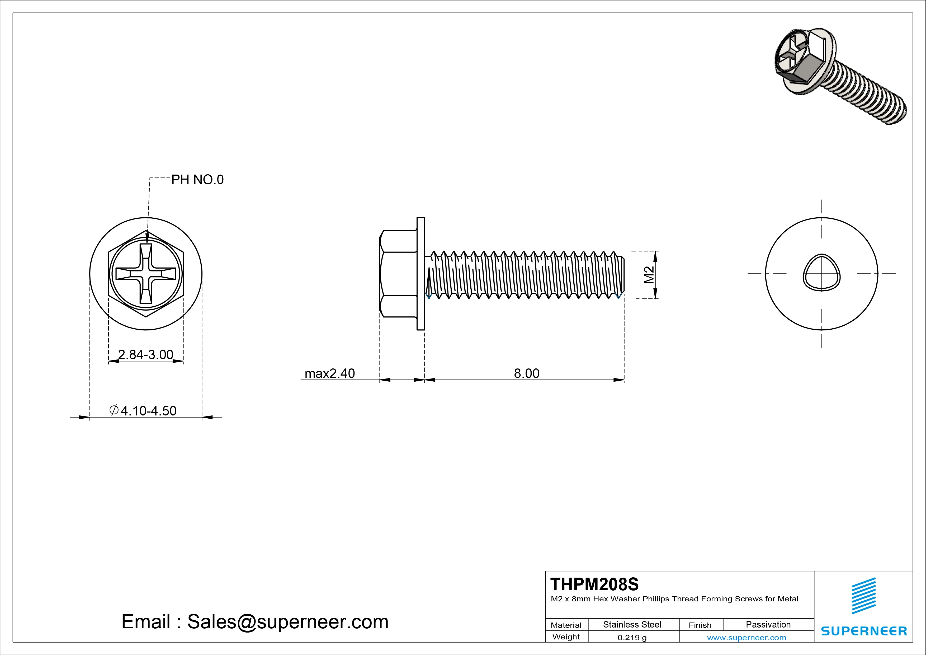 M2 × 8mm Indented Hex Washer Phillips Thread Forming Screws for Metal SUS304 Stainless Steel Inox