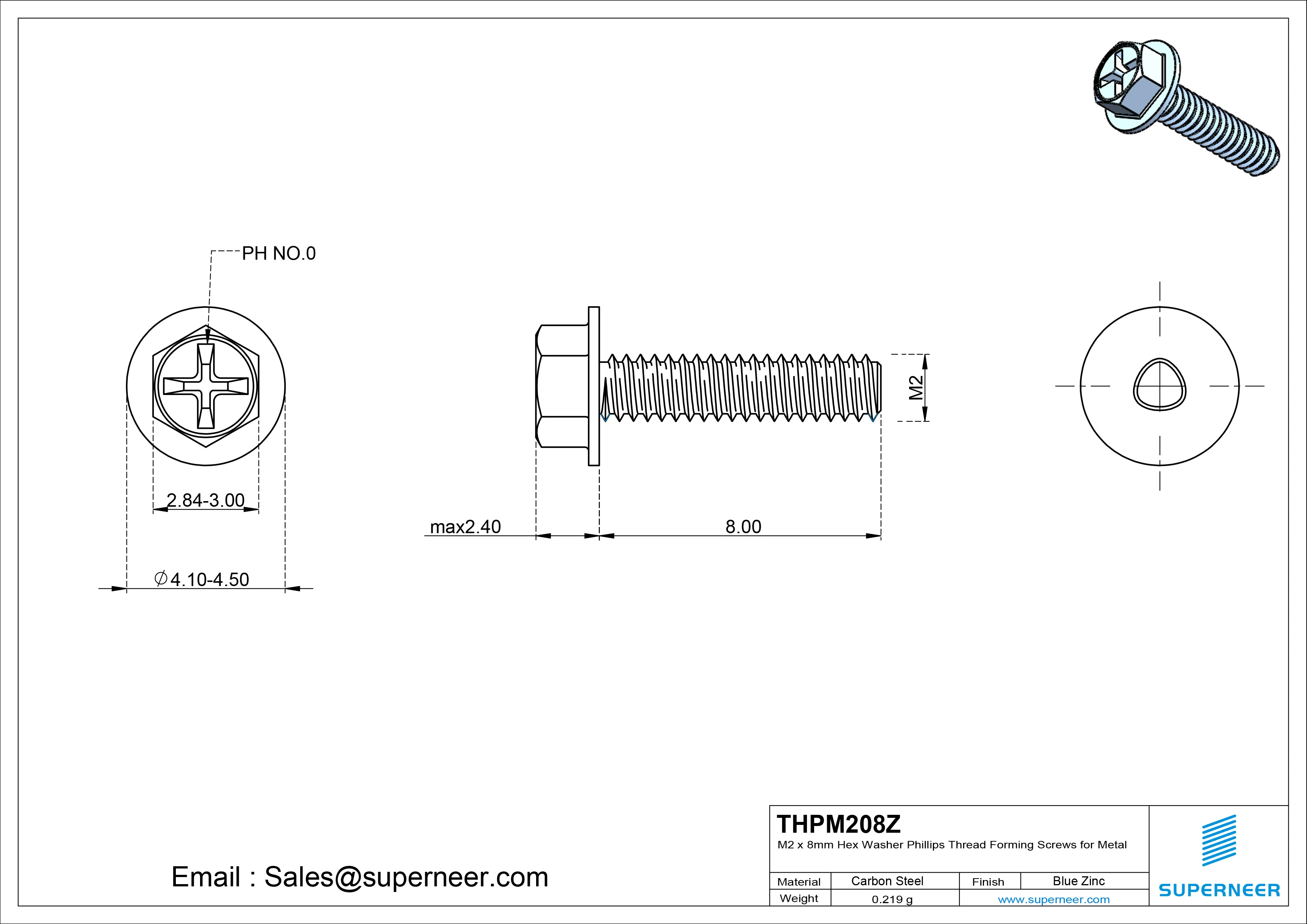 M2 × 8mm Indented Hex Washer Phillips Thread Forming Screws for Metal Steel Blue Zinc Plated