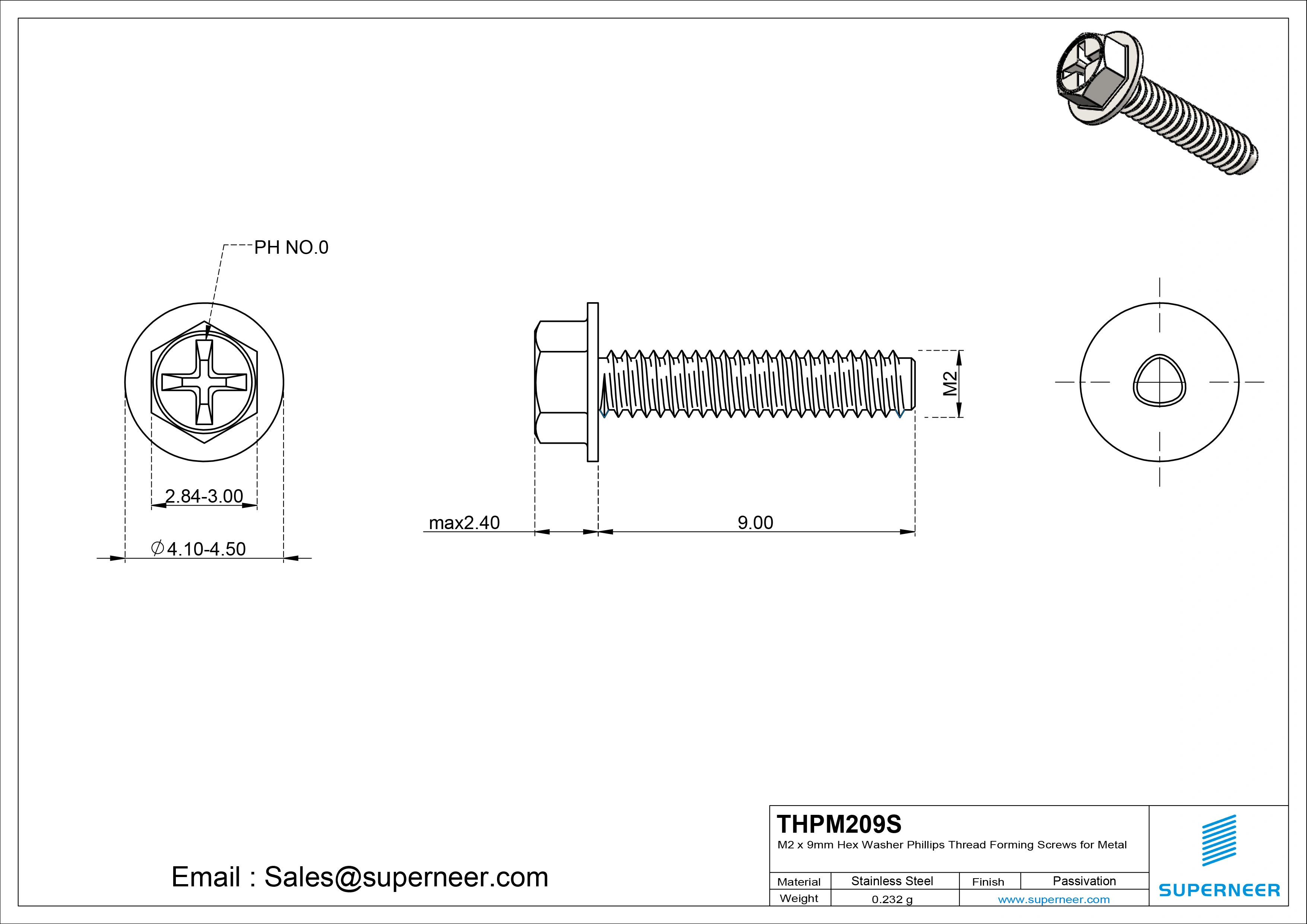 M2 × 9mm Indented Hex Washer Phillips Thread Forming Screws for Metal SUS304 Stainless Steel Inox