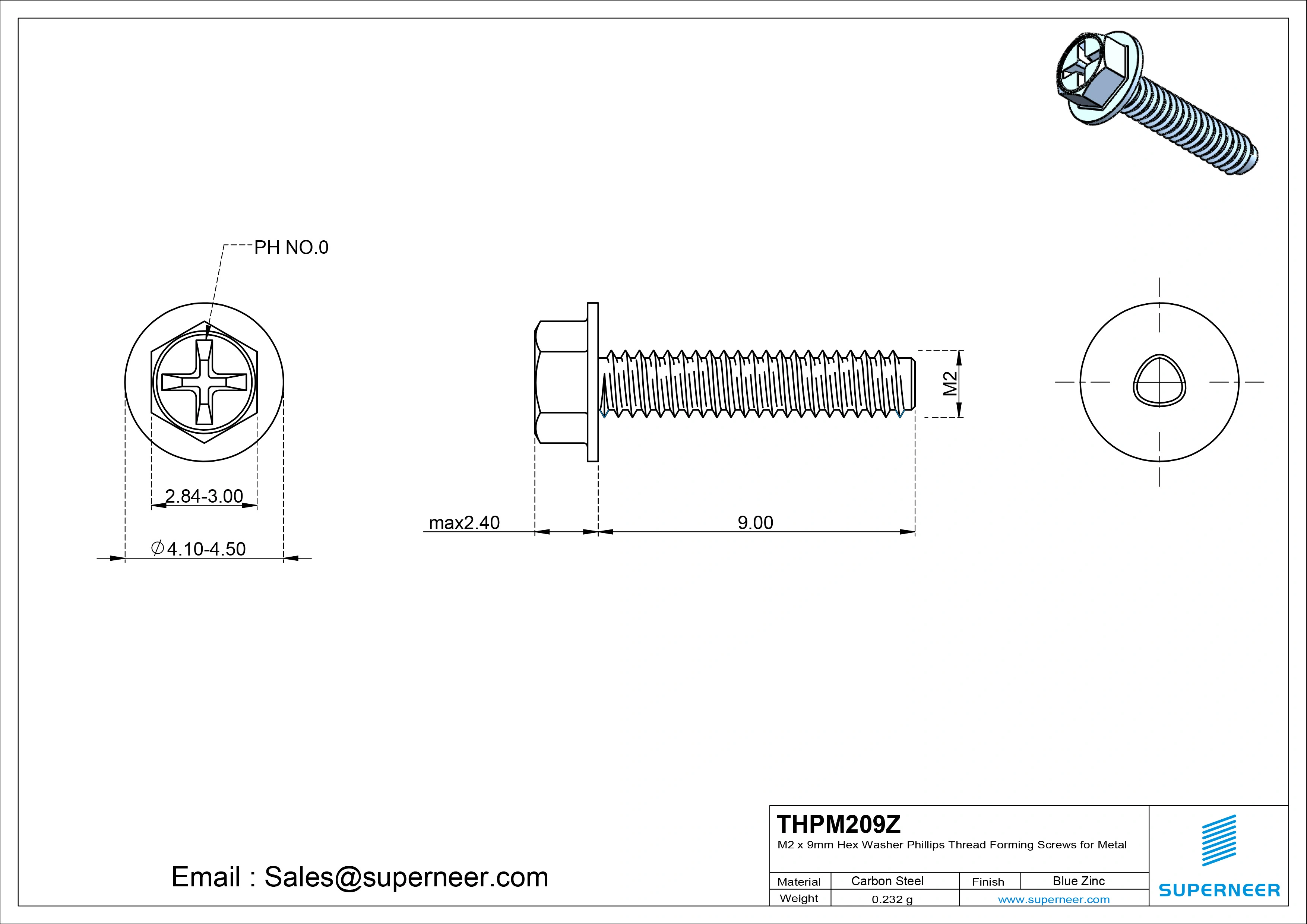 M2 × 9mm Indented Hex Washer Phillips Thread Forming Screws for Metal Steel Blue Zinc Plated