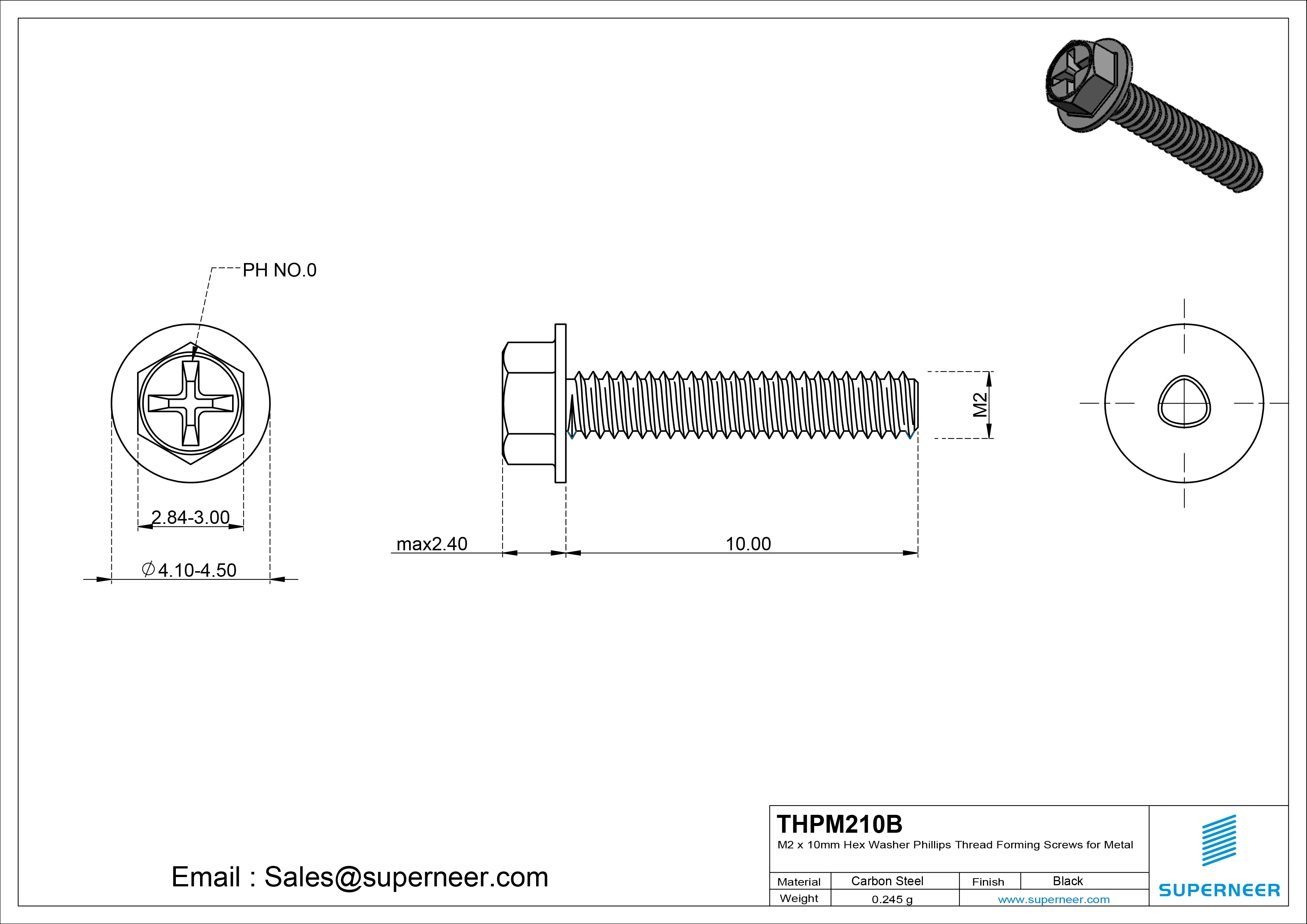 M2 × 10mm Indented Hex Washer Phillips Thread Forming Screws for Metal Steel Black