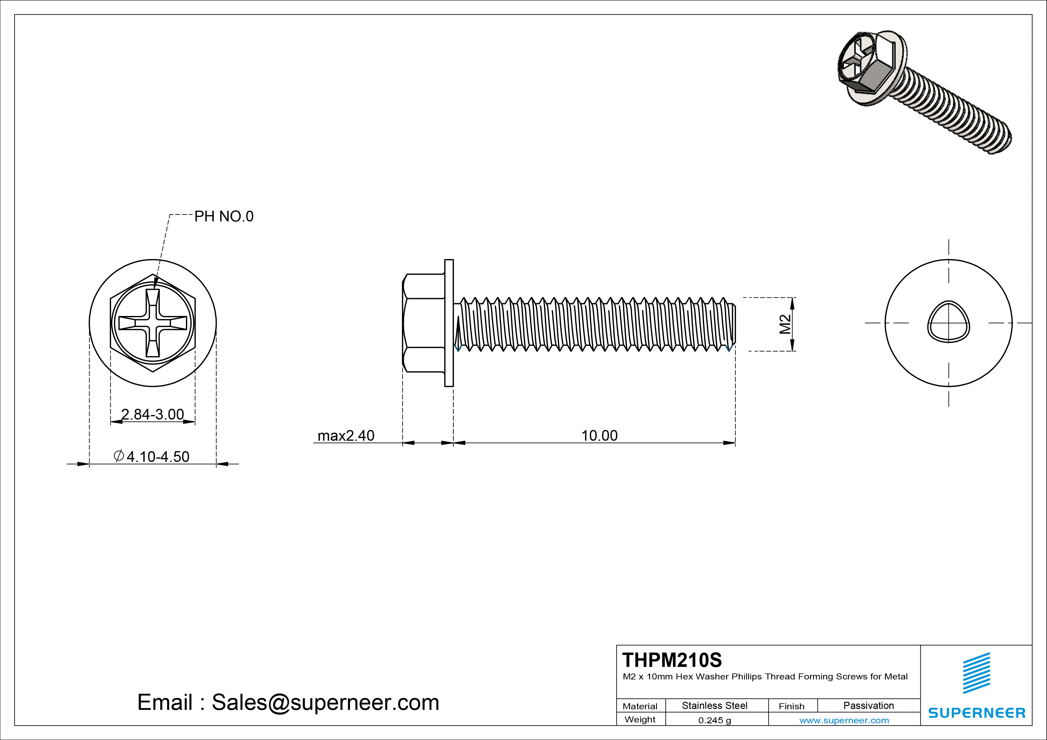 M2 × 10mm Indented Hex Washer Phillips Thread Forming Screws for Metal SUS304 Stainless Steel Inox