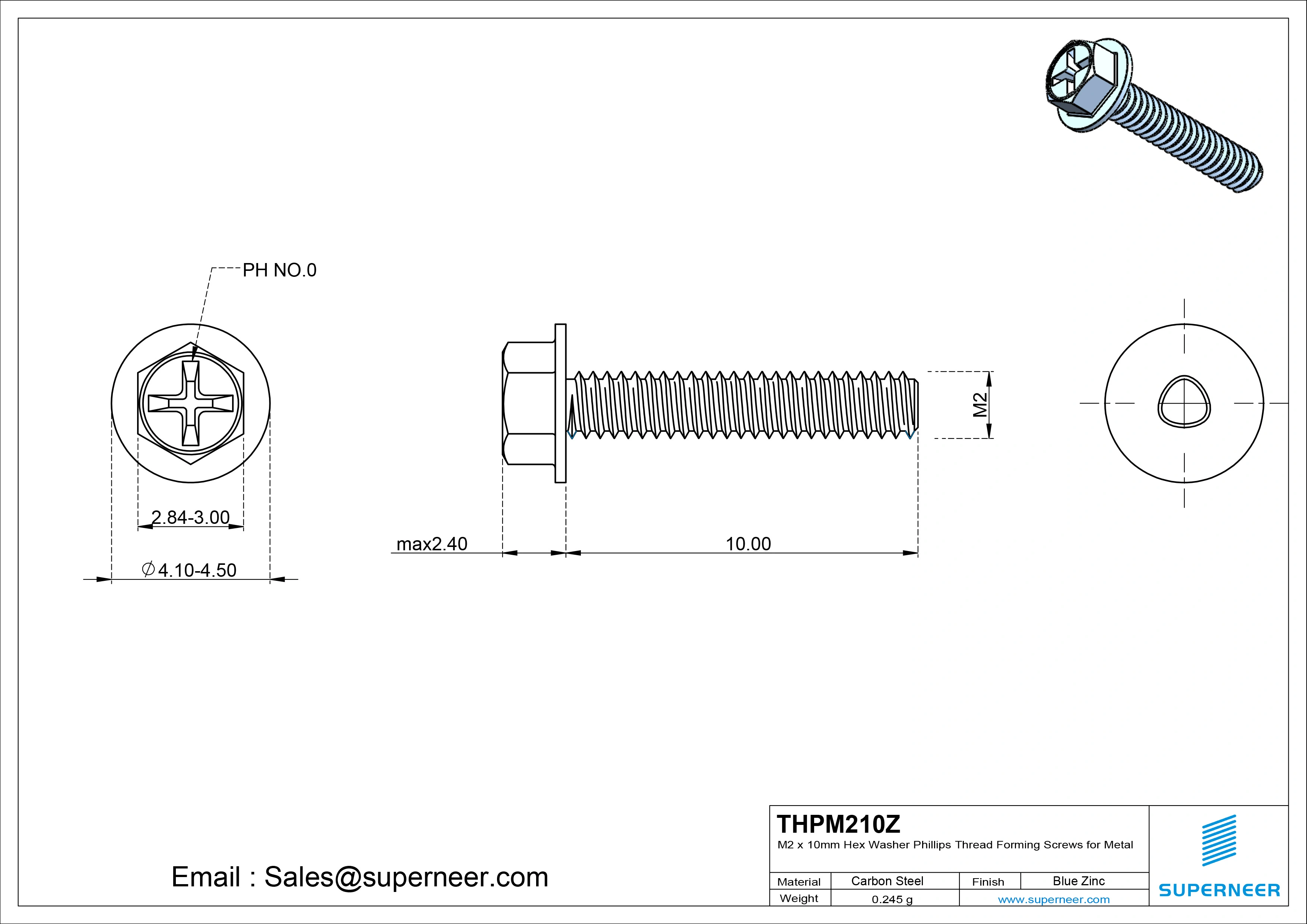 M2 × 10mm Indented Hex Washer Phillips Thread Forming Screws for Metal Steel Blue Zinc Plated