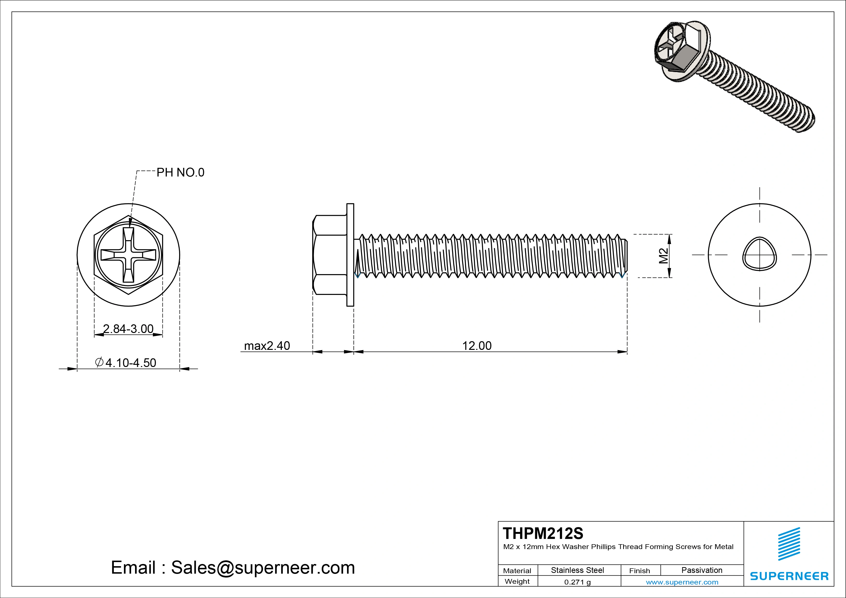 M2 × 12mm Indented Hex Washer Phillips Thread Forming Screws for Metal SUS304 Stainless Steel Inox