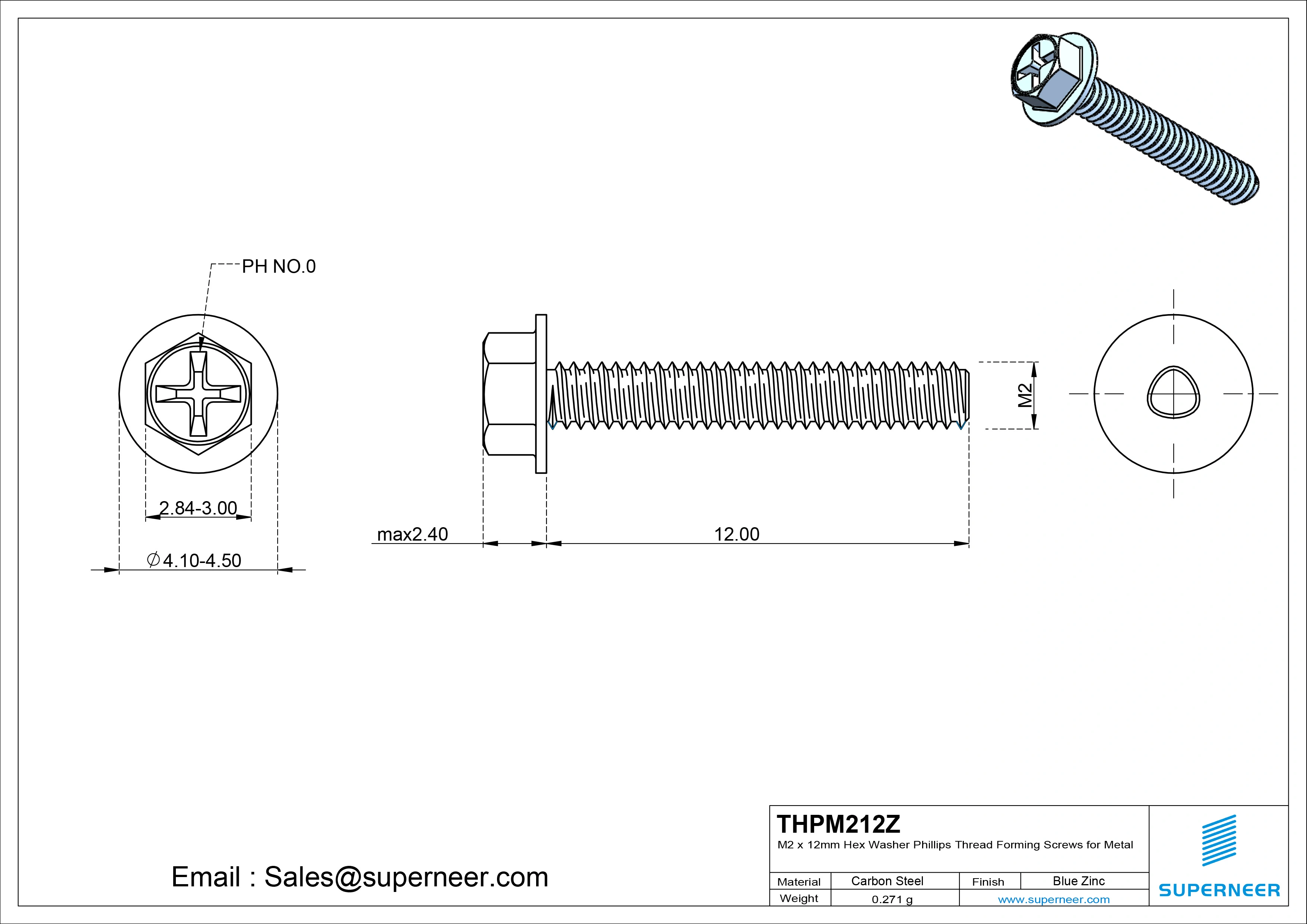 M2 × 12mm Indented Hex Washer Phillips Thread Forming Screws for Metal Steel Blue Zinc Plated