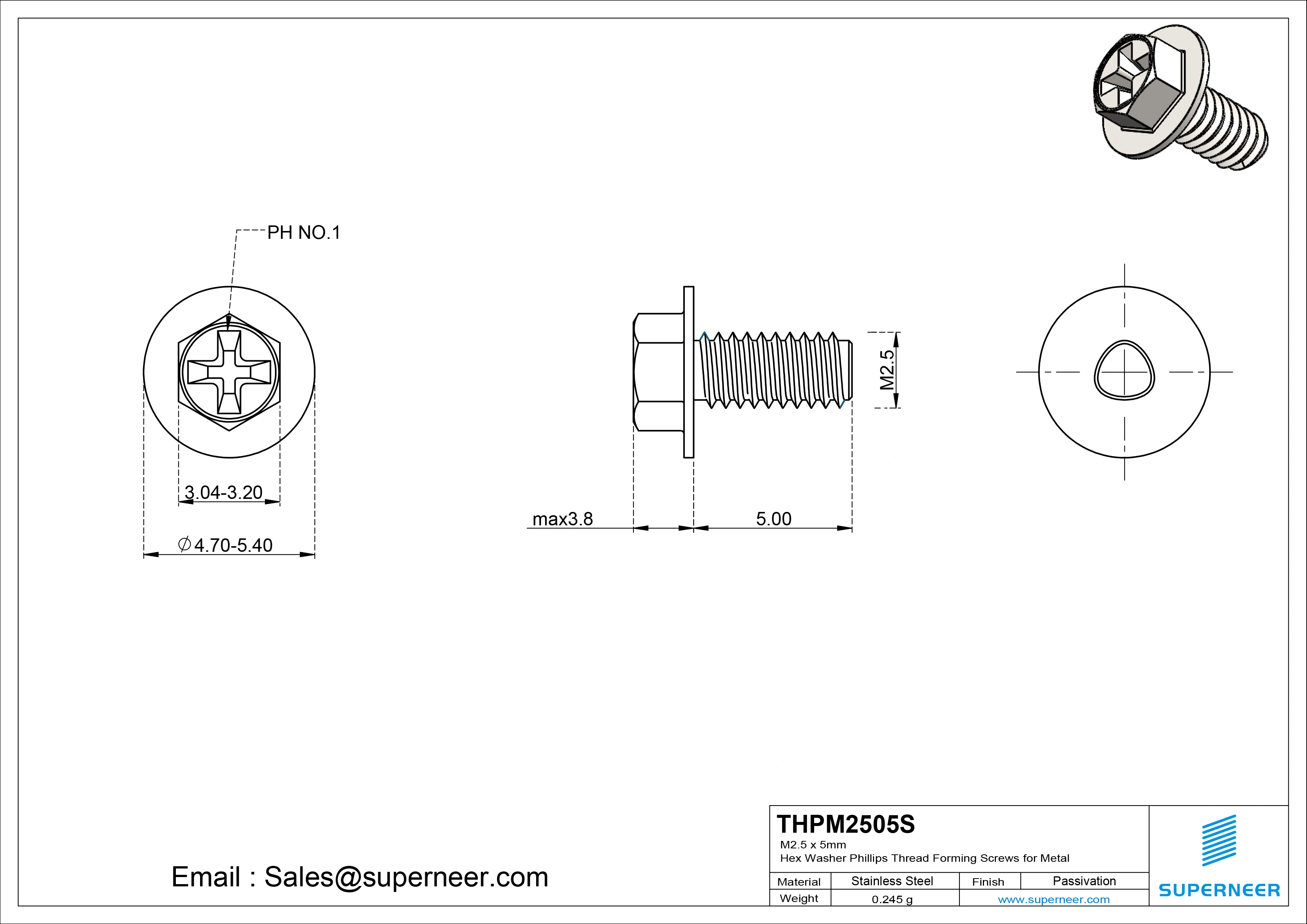 M2.5 × 5mm Indented Hex Washer Phillips Thread Forming Screws for Metal SUS304 Stainless Steel Inox