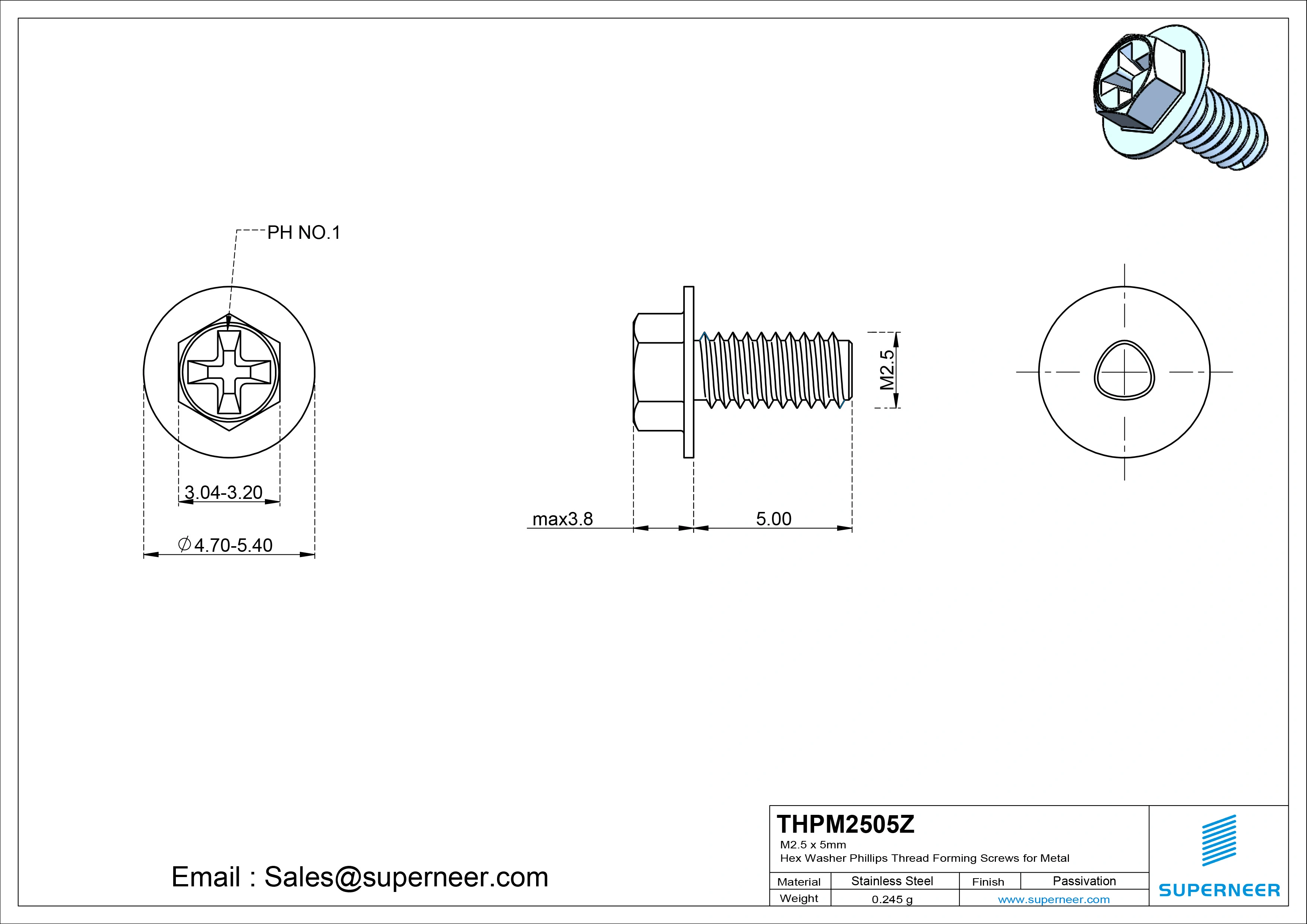 M2.5 × 5mm Indented Hex Washer Phillips Thread Forming Screws for Metal Steel Blue Zinc Plated