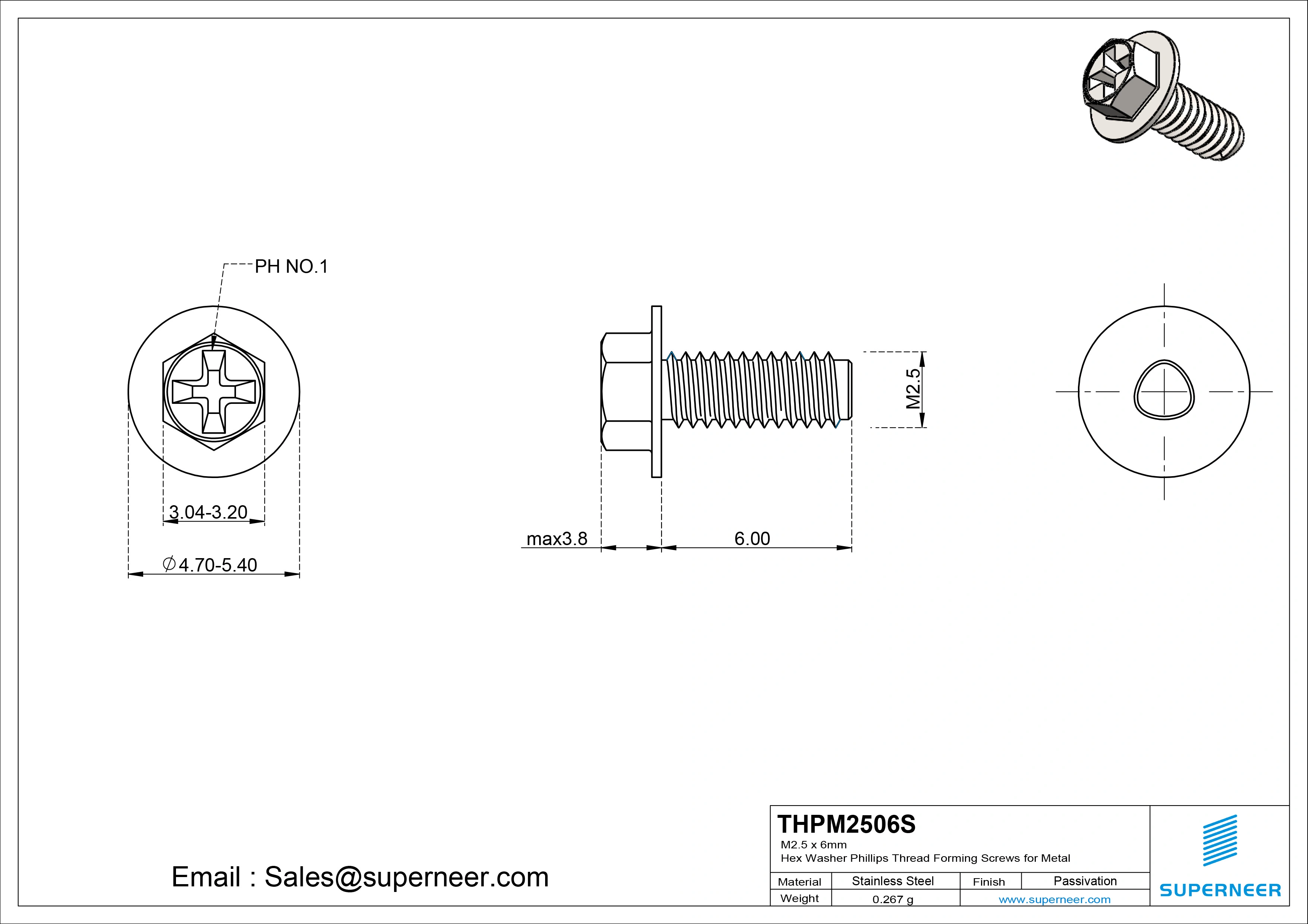 M2.5 × 6mm Indented Hex Washer Phillips Thread Forming Screws for Metal SUS304 Stainless Steel Inox