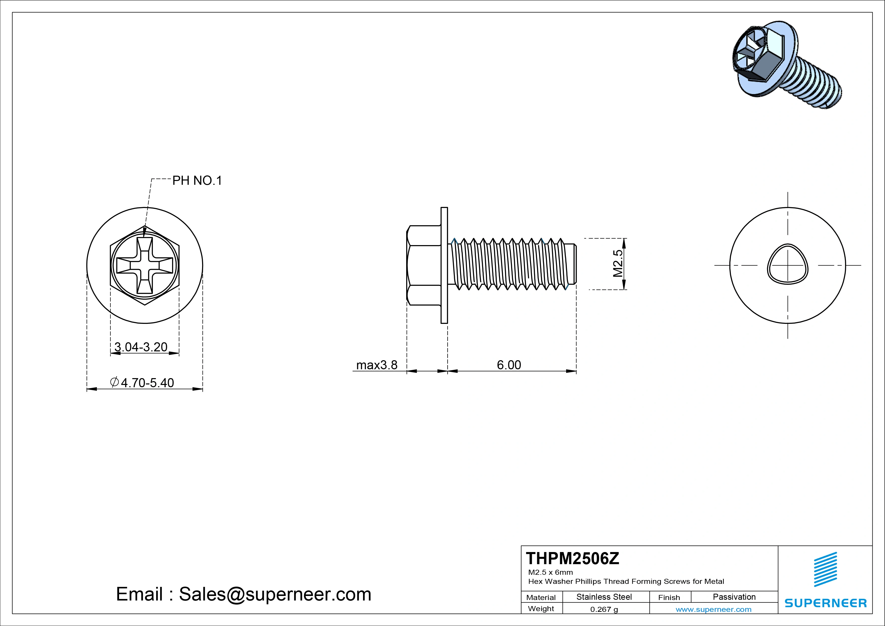 M2.5 × 6mm Indented Hex Washer Phillips Thread Forming Screws for Metal Steel Blue Zinc Plated