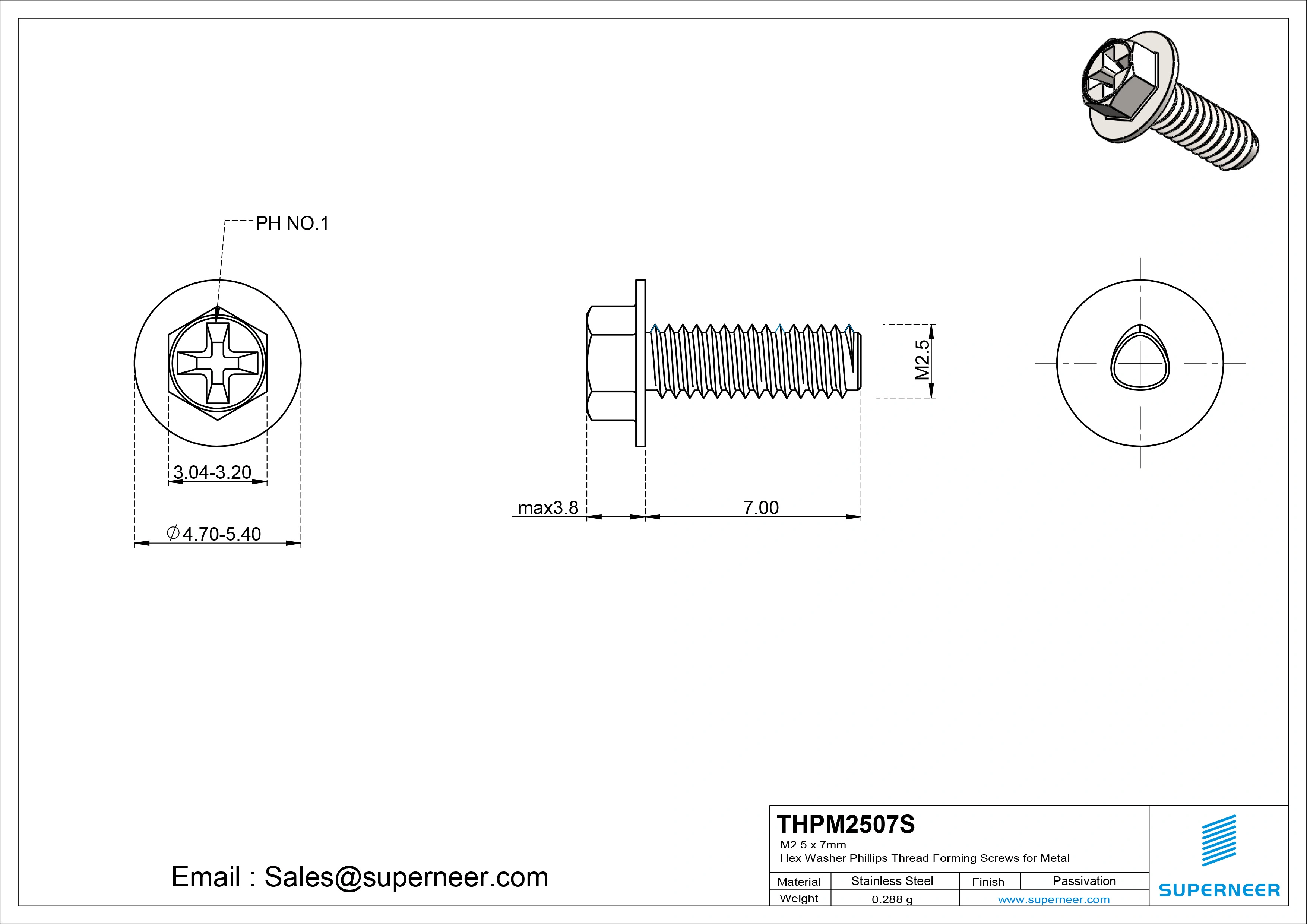 M2.5 × 7mm Indented Hex Washer Phillips Thread Forming Screws for Metal SUS304 Stainless Steel Inox