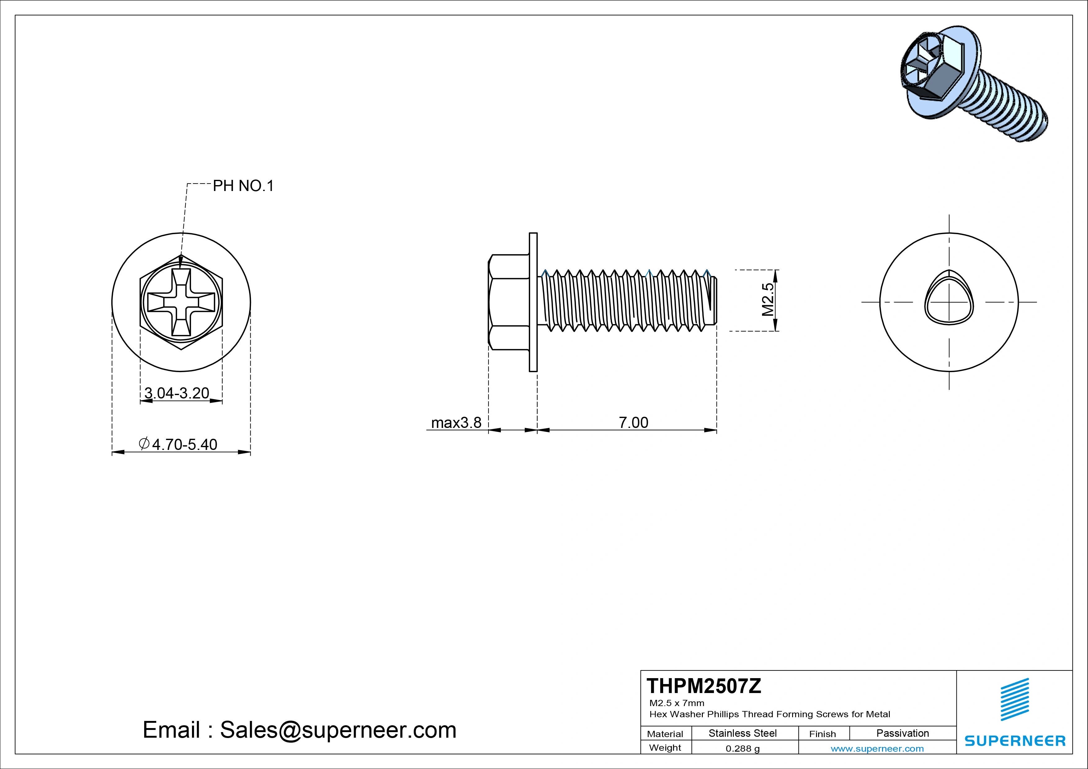 M2.5 × 7mm Indented Hex Washer Phillips Thread Forming Screws for Metal Steel Blue Zinc Plated