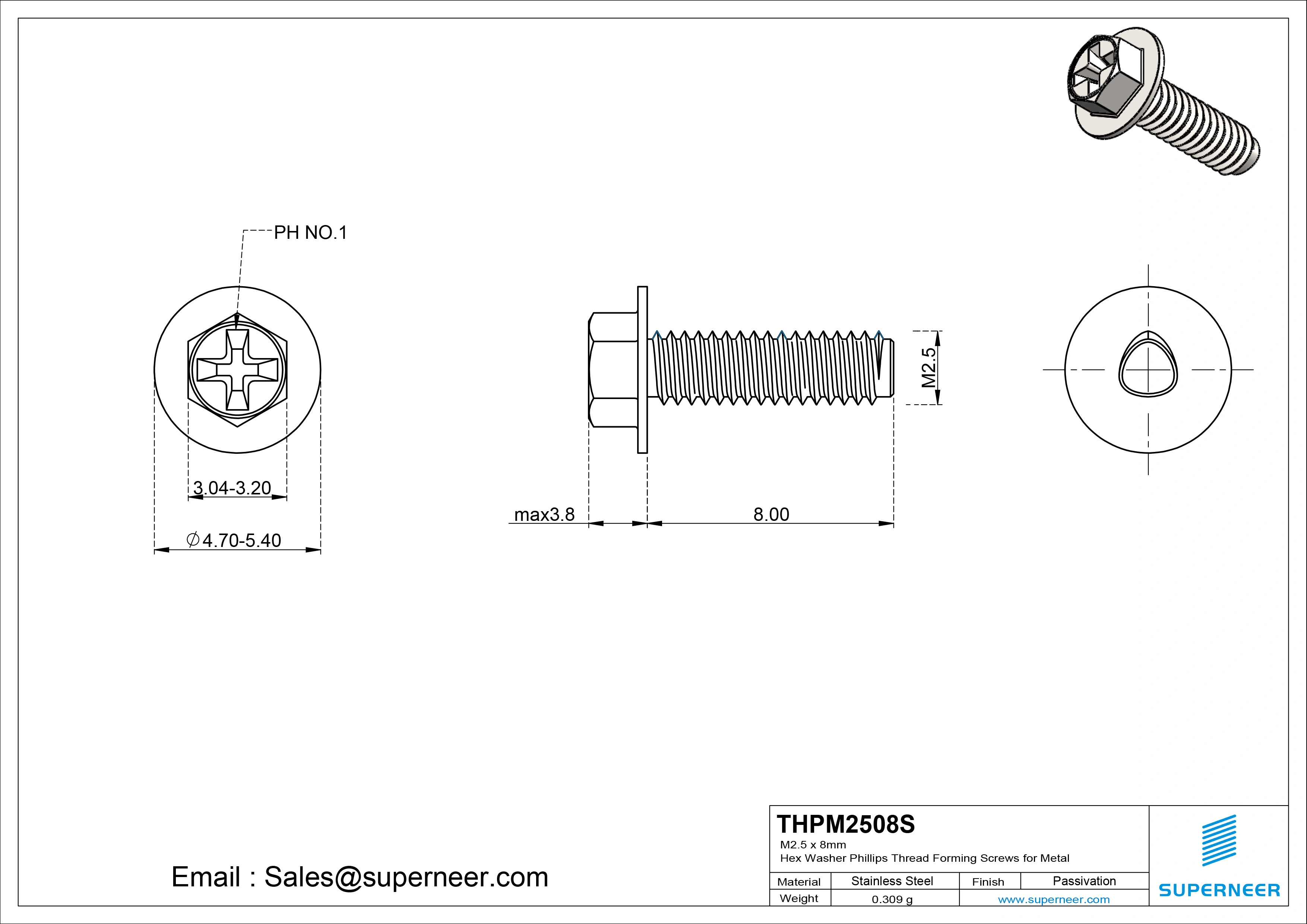 M2.5 × 8mm Indented Hex Washer Phillips Thread Forming Screws for Metal SUS304 Stainless Steel Inox