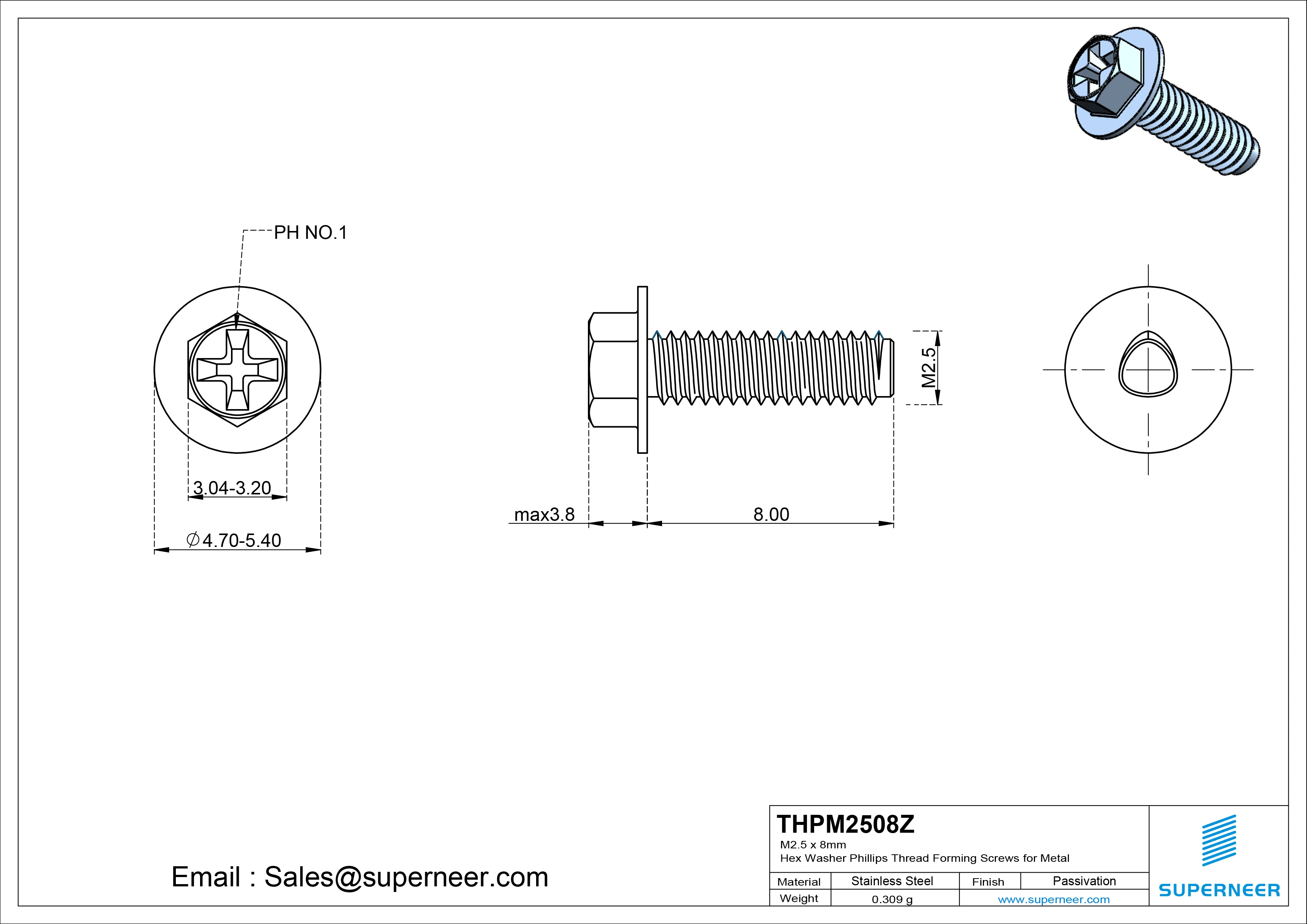 M2.5 × 8mm Indented Hex Washer Phillips Thread Forming Screws for Metal Steel Blue Zinc Plated