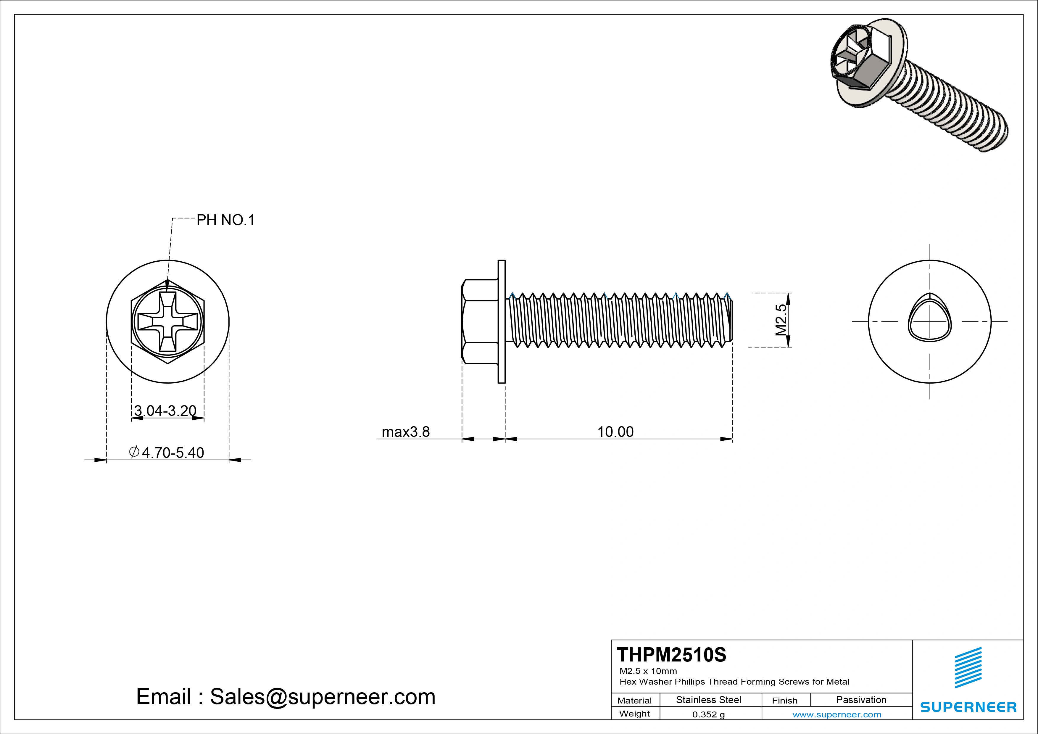 M2.5 × 10mm Indented Hex Washer Phillips Thread Forming Screws for Metal SUS304 Stainless Steel Inox