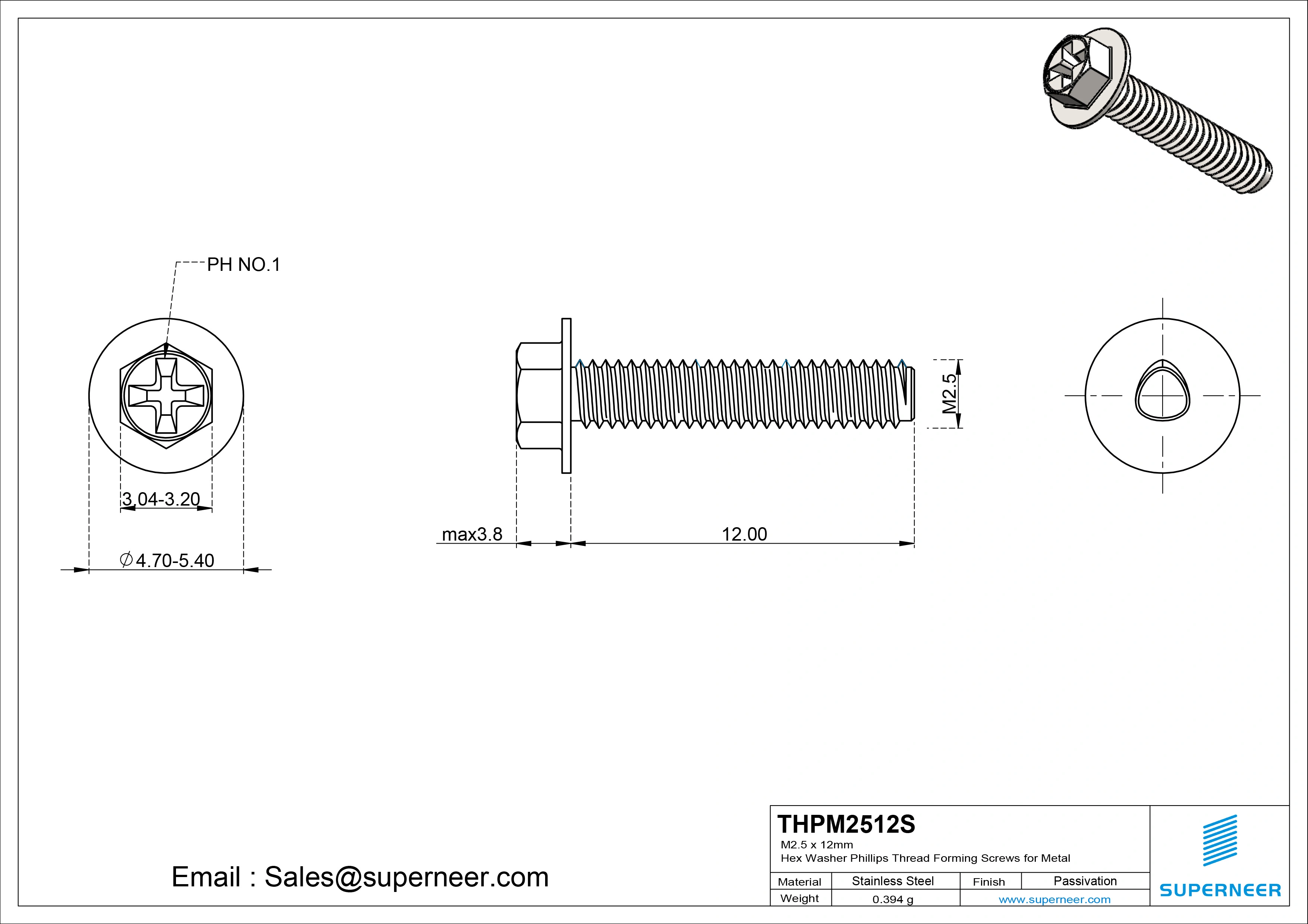 M2.5 × 12mm Indented Hex Washer Phillips Thread Forming Screws for Metal SUS304 Stainless Steel Inox