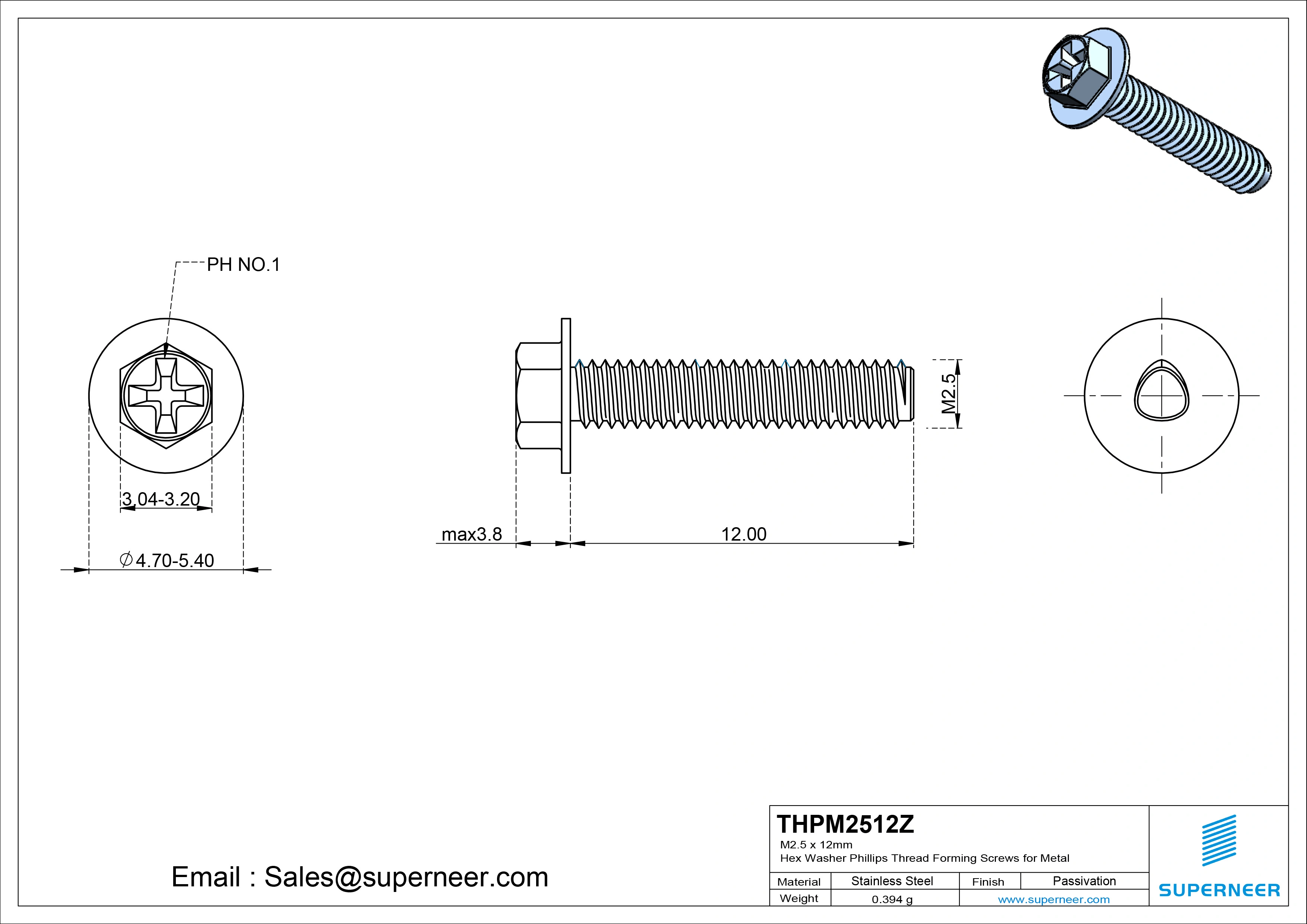 M2.5 × 12mm Indented Hex Washer Phillips Thread Forming Screws for Metal Steel Blue Zinc Plated