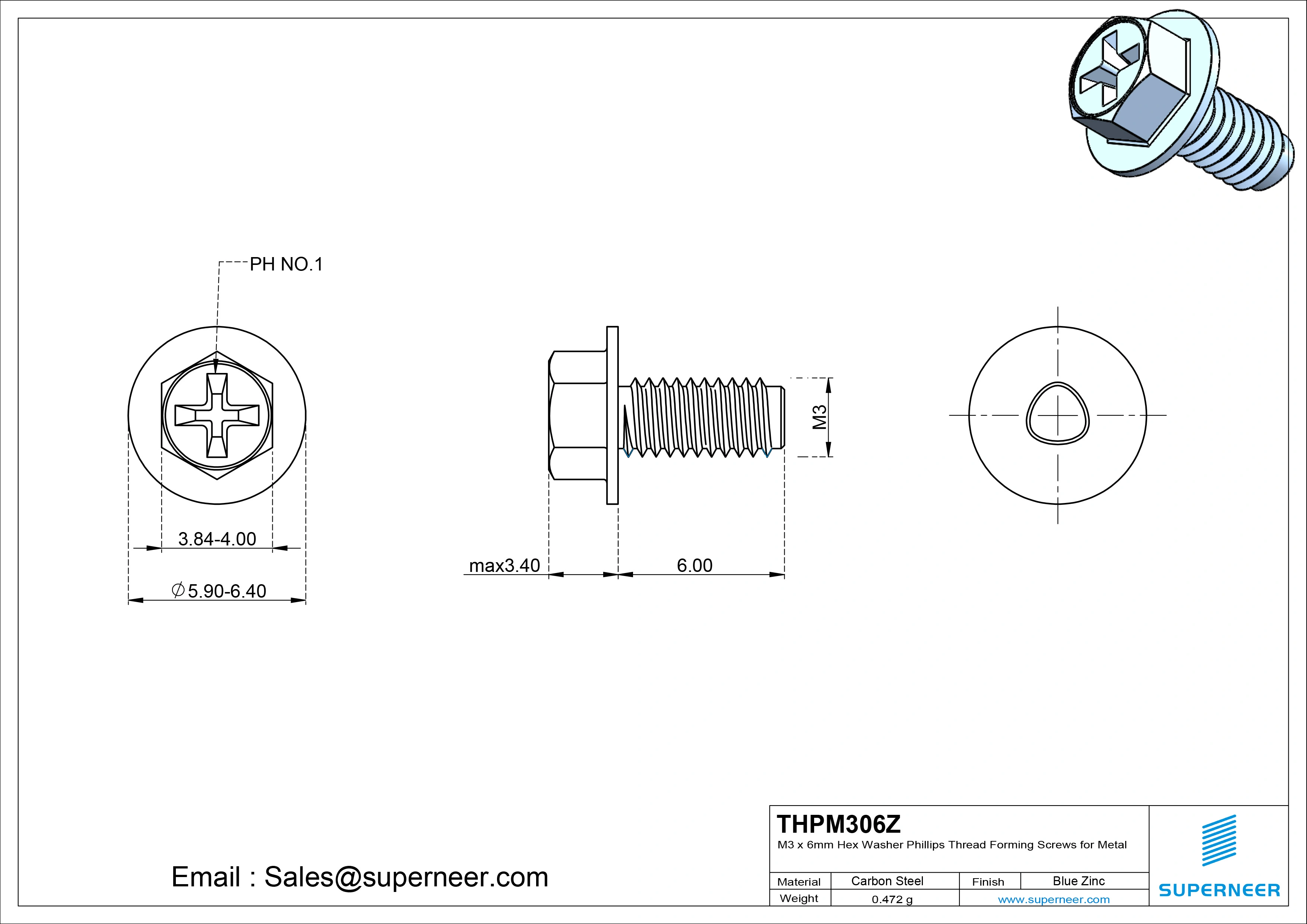 M3 × 6mm Indented Hex Washer Phillips Thread Forming Screws for Metal Steel Blue Zinc Plated