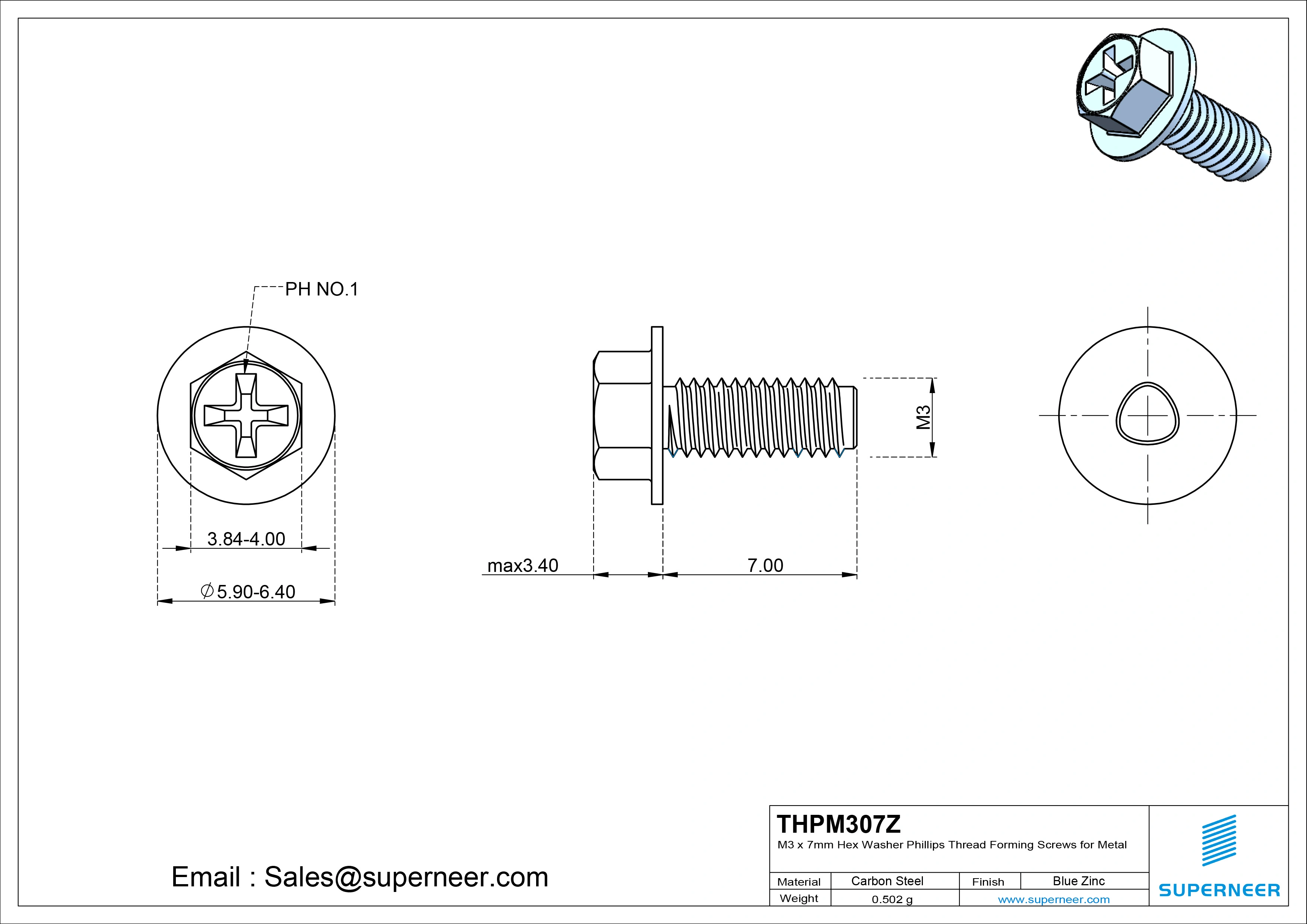 M3 × 7mm Indented Hex Washer Phillips Thread Forming Screws for Metal Steel Blue Zinc Plated