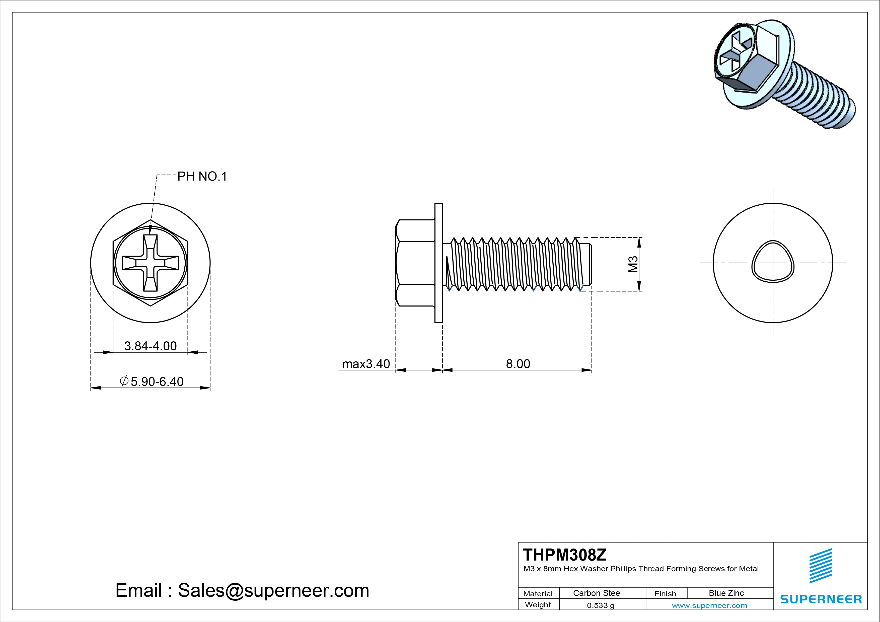 M3 × 8mm Indented Hex Washer Phillips Thread Forming Screws for Metal Steel Blue Zinc Plated