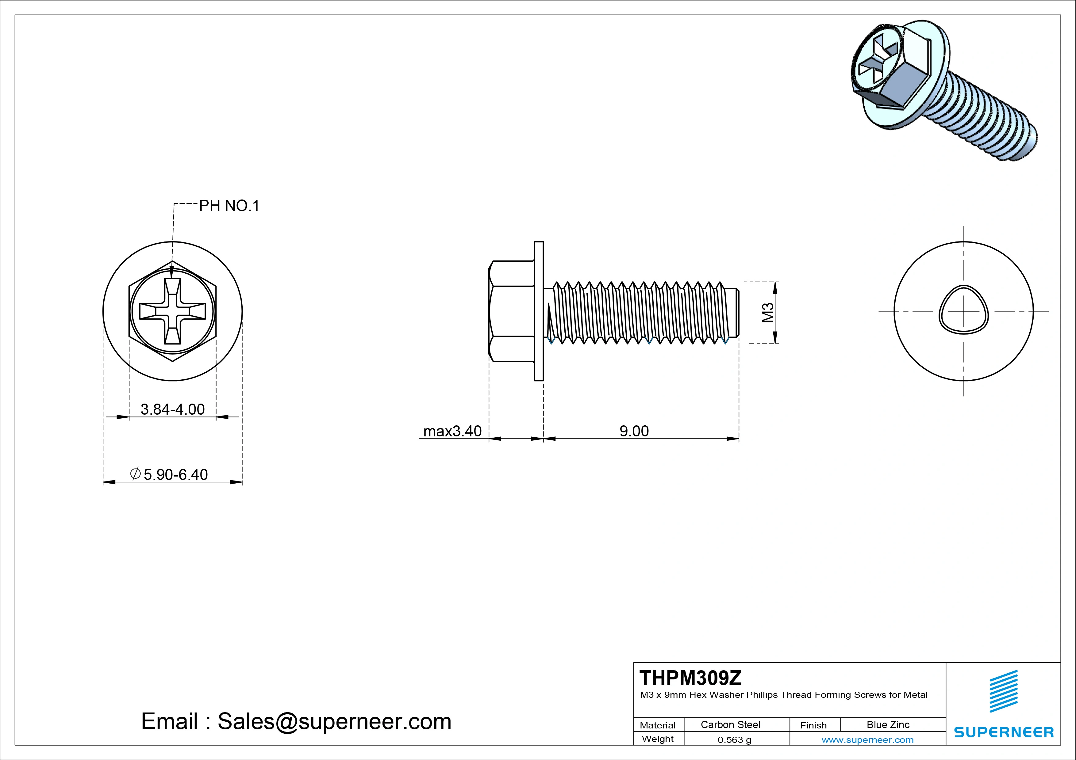 M3 × 9mm Indented Hex Washer Phillips Thread Forming Screws for Metal Steel Blue Zinc Plated