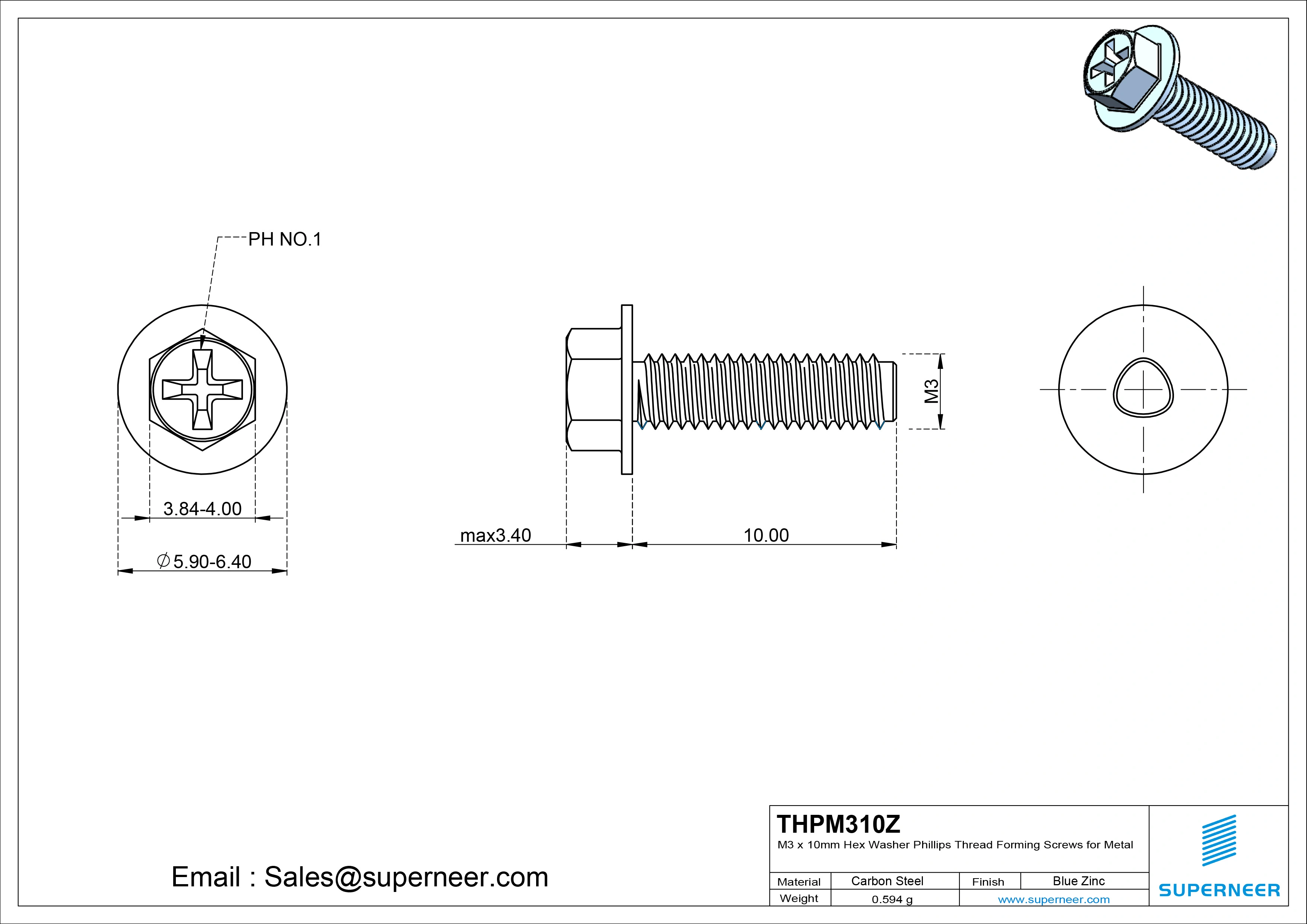 M3 × 10mm Indented Hex Washer Phillips Thread Forming Screws for Metal Steel Blue Zinc Plated