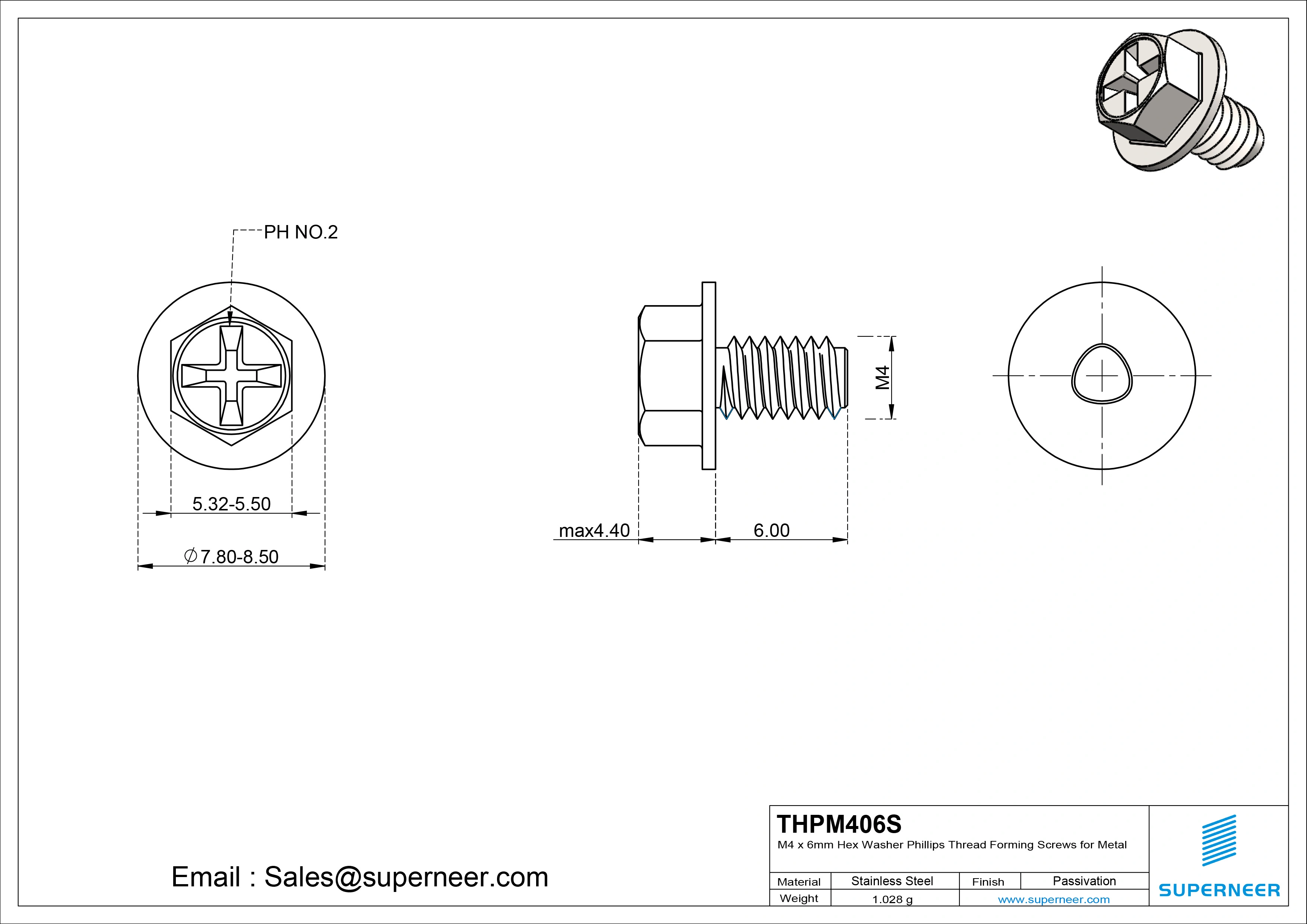 M4 × 6mm Indented Hex Washer Phillips Thread Forming Screws for Metal SUS304 Stainless Steel Inox