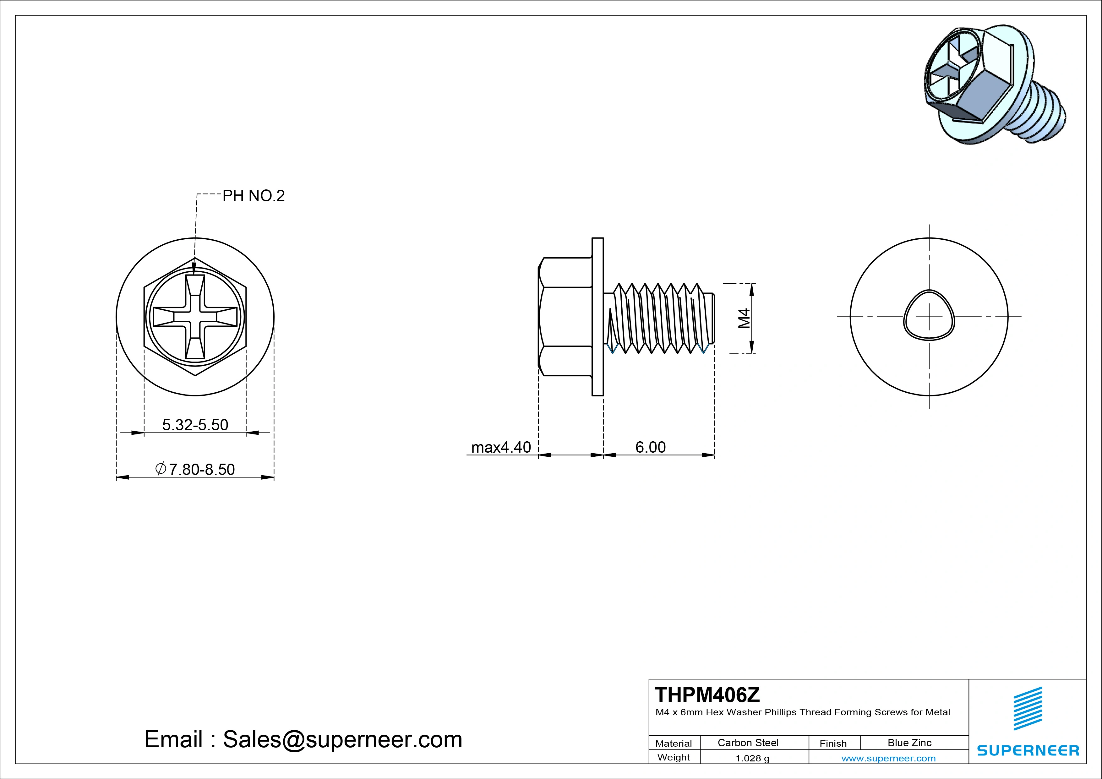 M4 × 6mm Indented Hex Washer Phillips Thread Forming Screws for Metal Steel Blue Zinc Plated