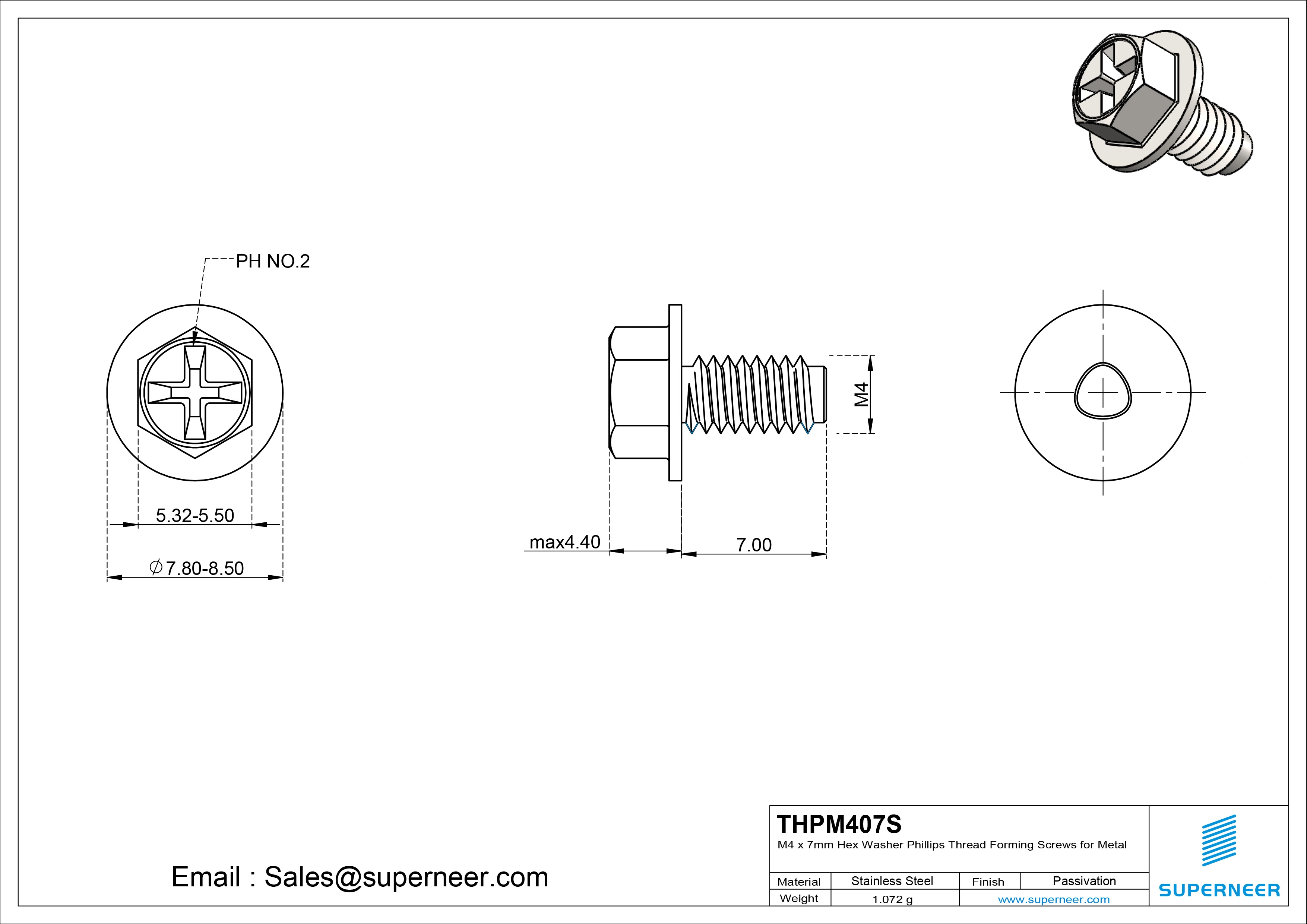 M4 × 7mm Indented Hex Washer Phillips Thread Forming Screws for Metal SUS304 Stainless Steel Inox