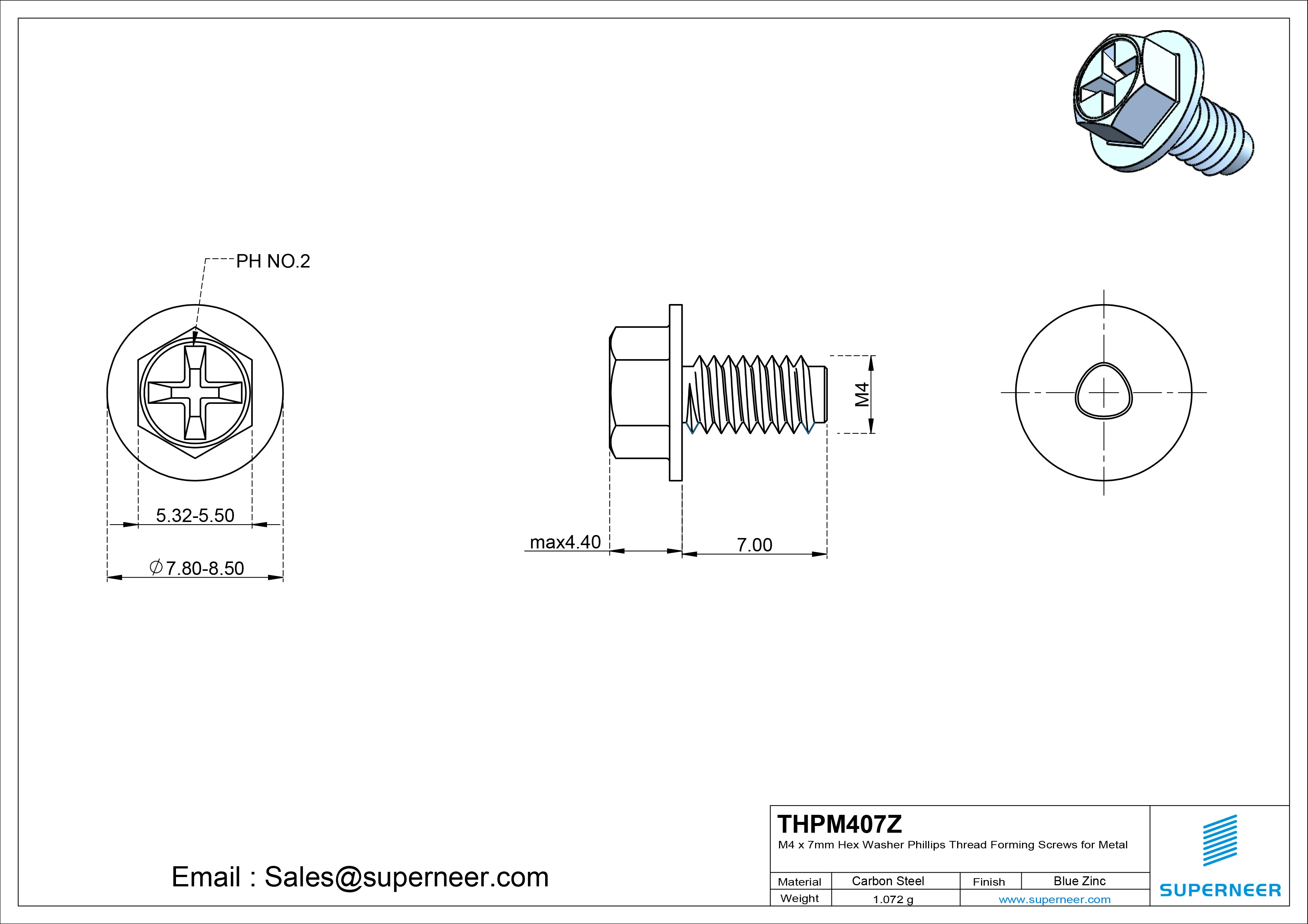 M4 × 7mm Indented Hex Washer Phillips Thread Forming Screws for Metal Steel Blue Zinc Plated