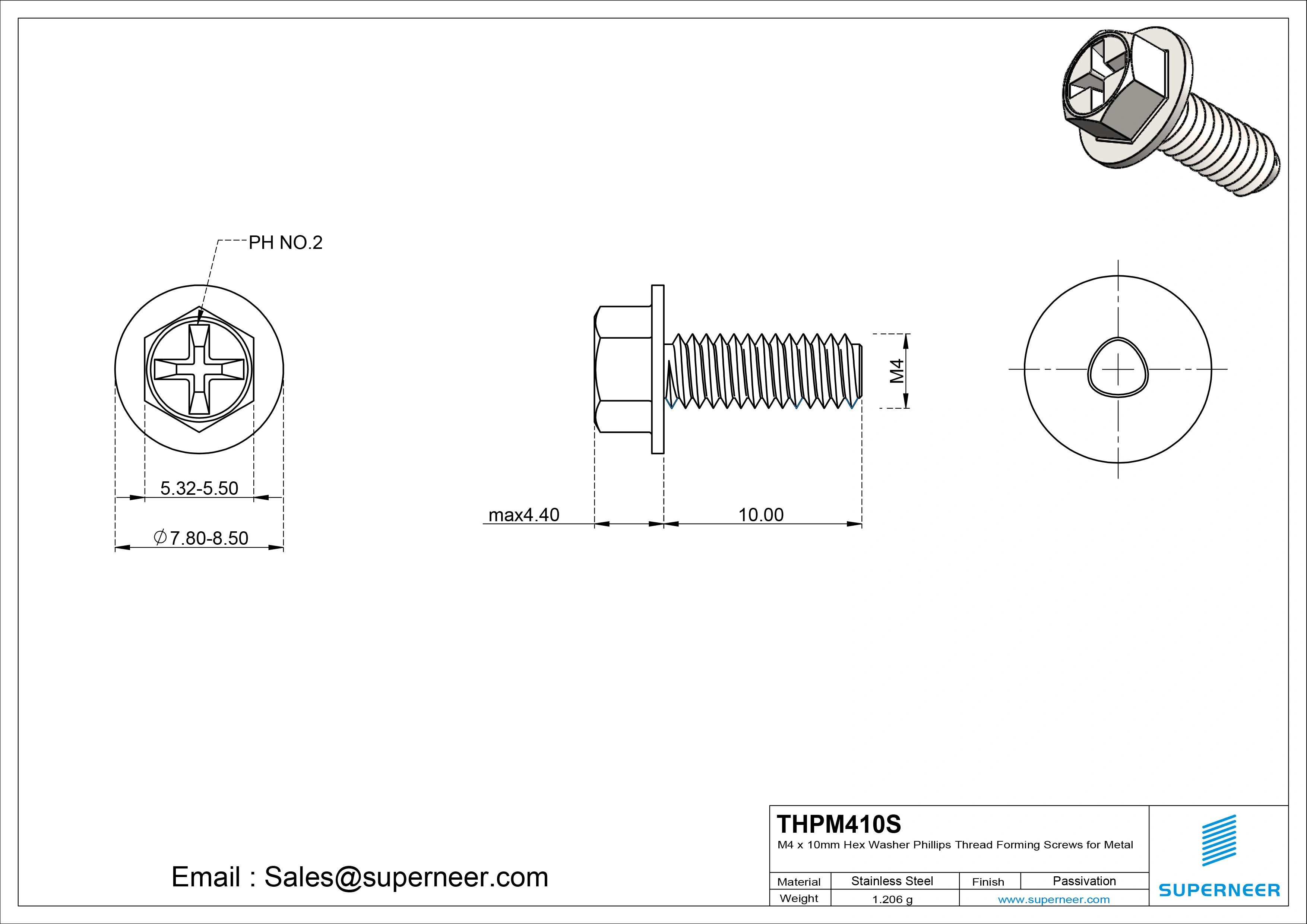 M4 × 10mm Indented Hex Washer Phillips Thread Forming Screws for Metal SUS304 Stainless Steel Inox