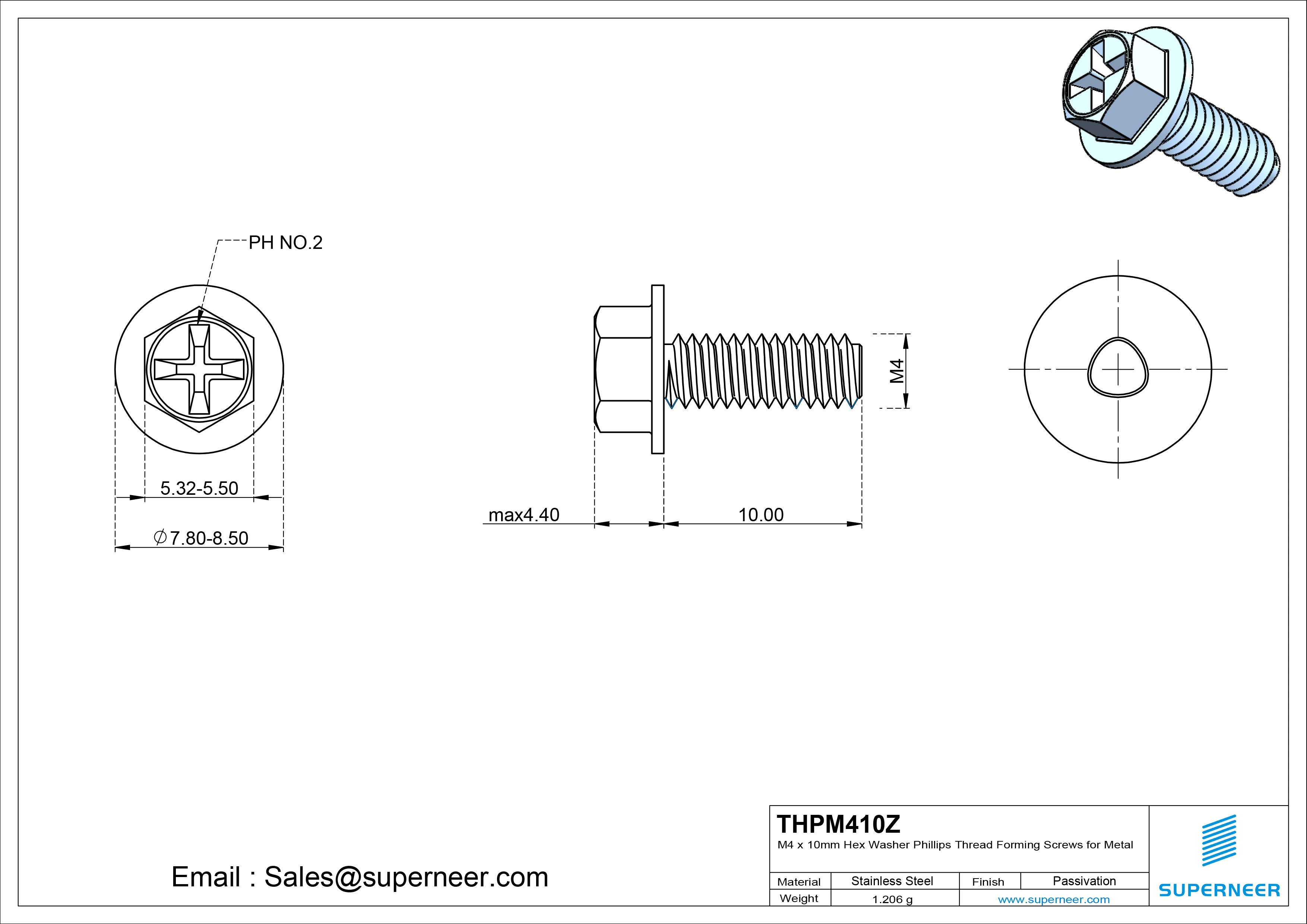 M4 × 10mm Indented Hex Washer Phillips Thread Forming Screws for Metal Steel Blue Zinc Plated