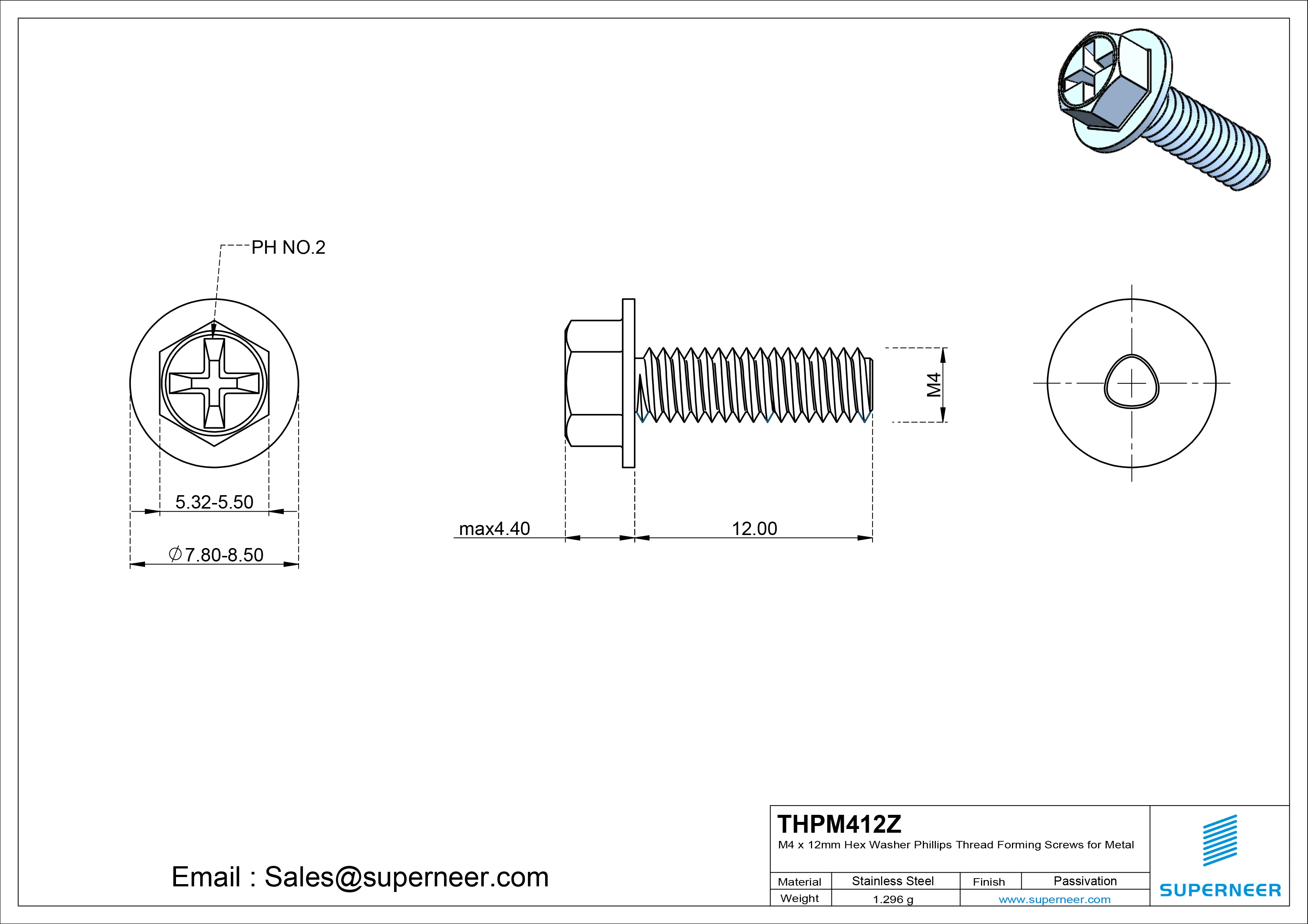 M4 × 12mm Indented Hex Washer Phillips Thread Forming Screws for Metal Steel Blue Zinc Plated