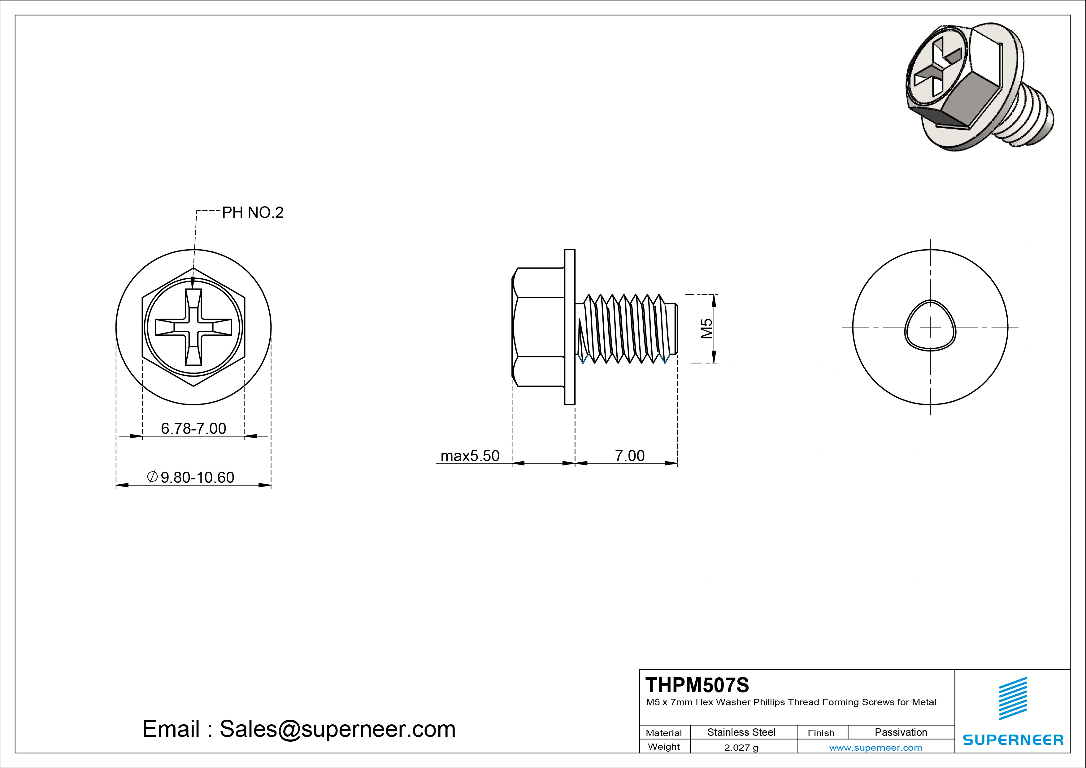 M5 × 7mm Indented Hex Washer Phillips Thread Forming Screws for Metal SUS304 Stainless Steel Inox