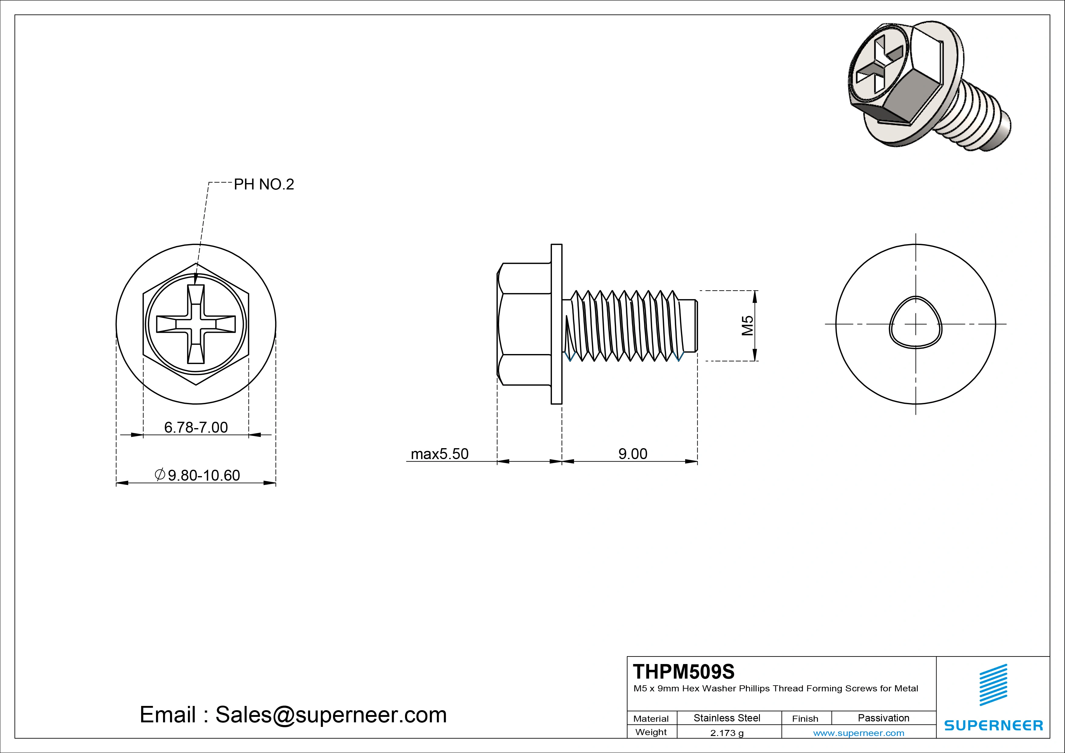 M5 × 9mm Indented Hex Washer Phillips Thread Forming Screws for Metal SUS304 Stainless Steel Inox