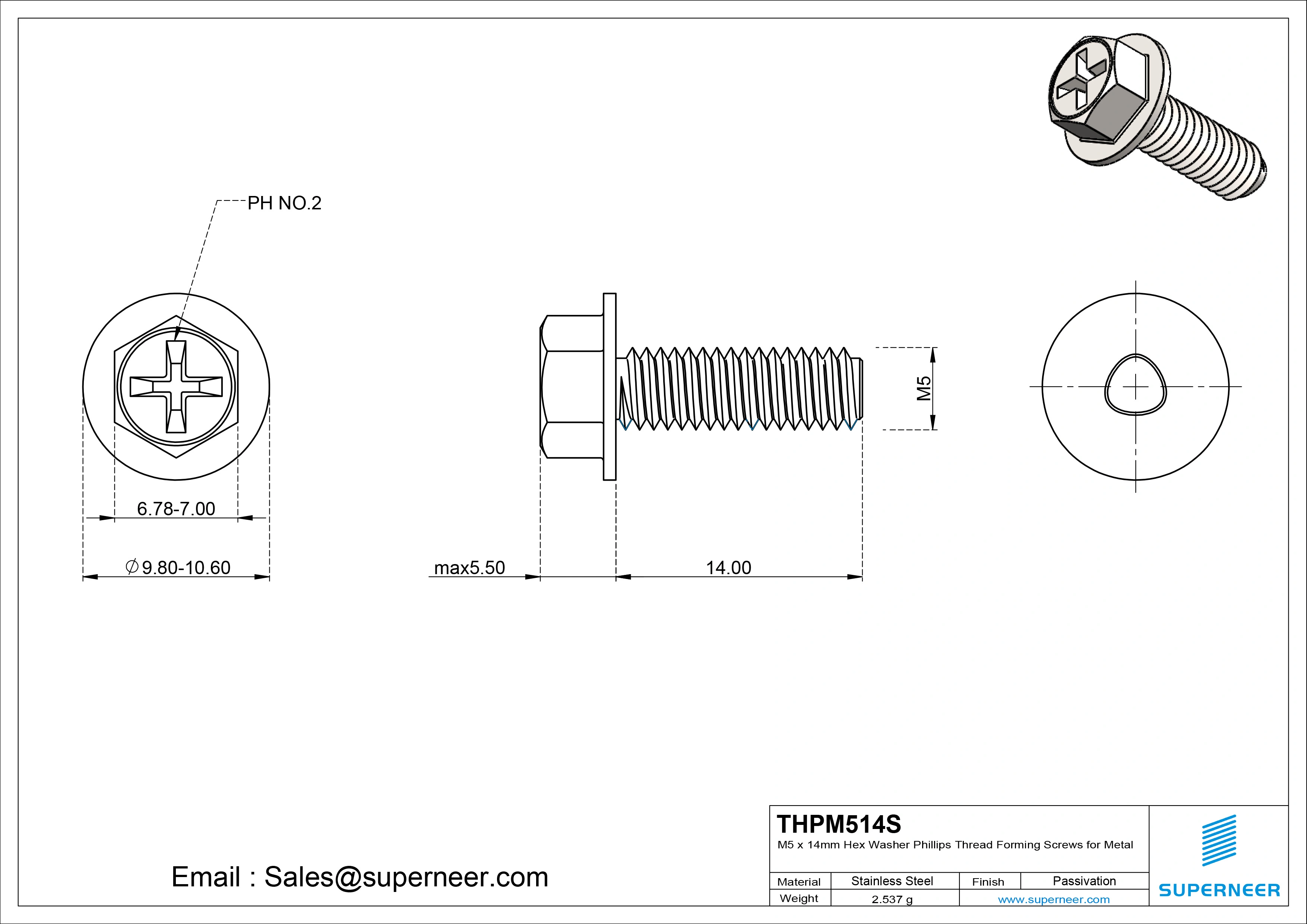 M5 × 14mm Indented Hex Washer Phillips Thread Forming Screws for Metal SUS304 Stainless Steel Inox